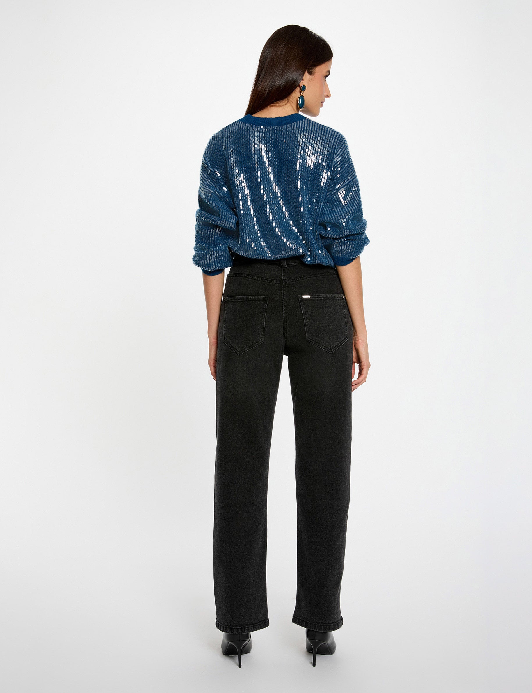 Pull sequins col rond bleu p&eacute;trole femme