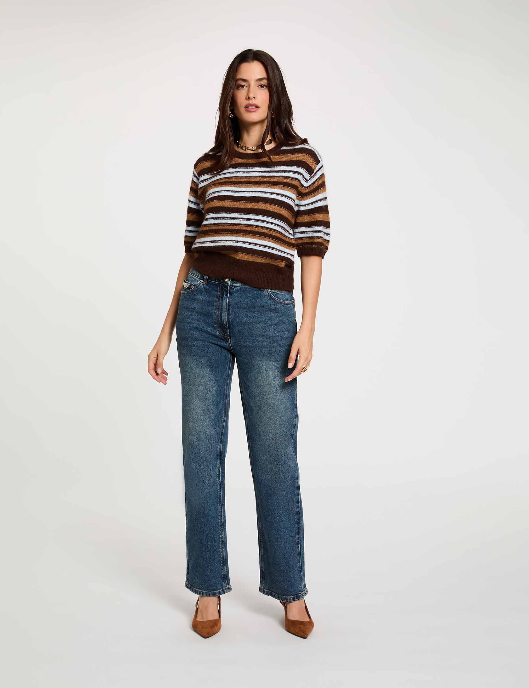 Pull manches courtes ray&eacute; marron femme