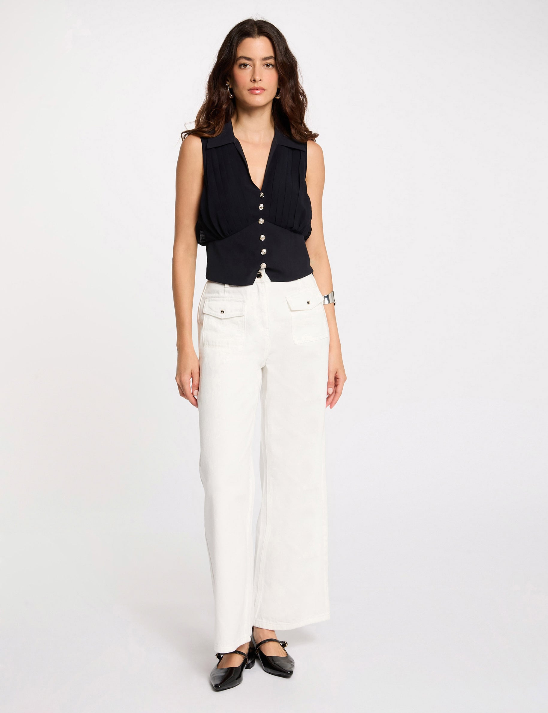 Top pliss&eacute; sans manches bleu marine femme