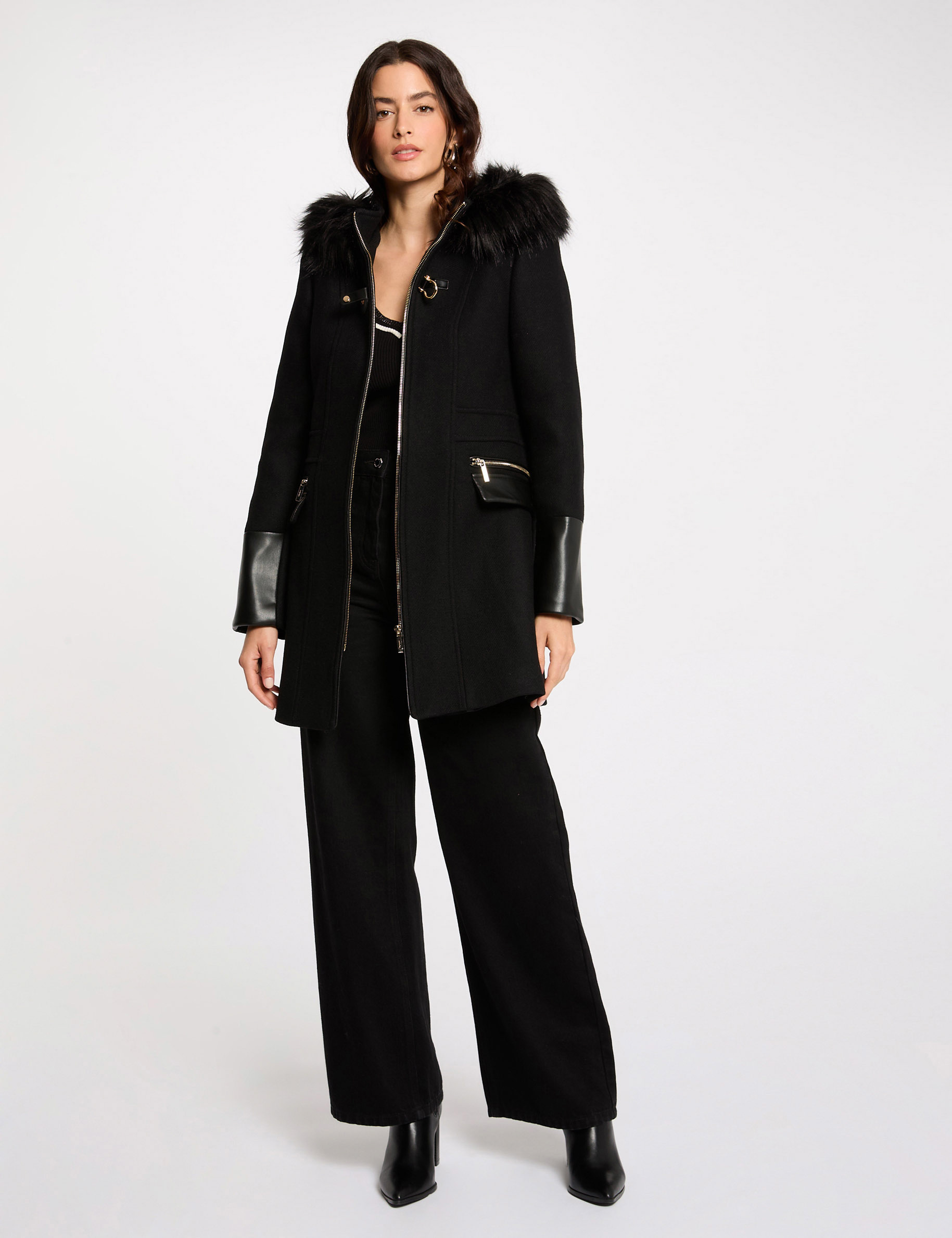 Manteau droit zipp&eacute; &agrave; capuche noir femme