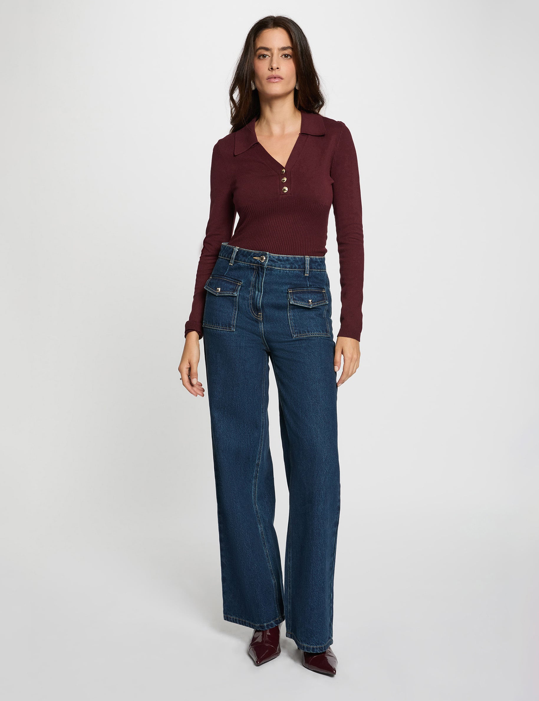 Pull ajust&eacute; col polo prune femme