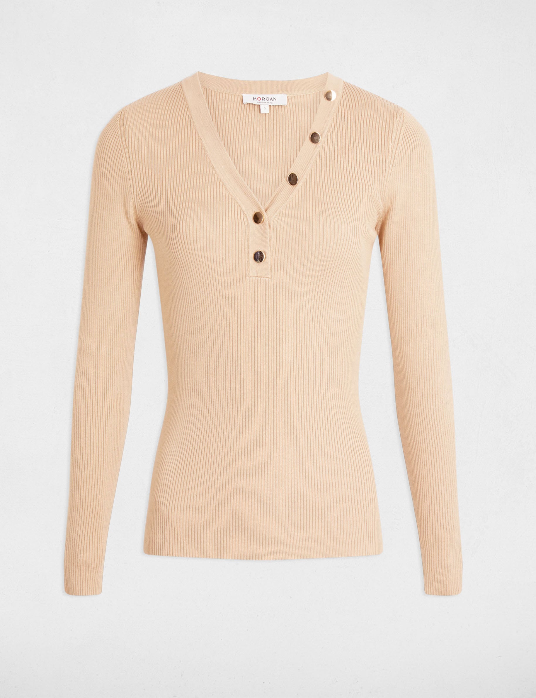 Pull col v ajust&eacute; marron clair femme
