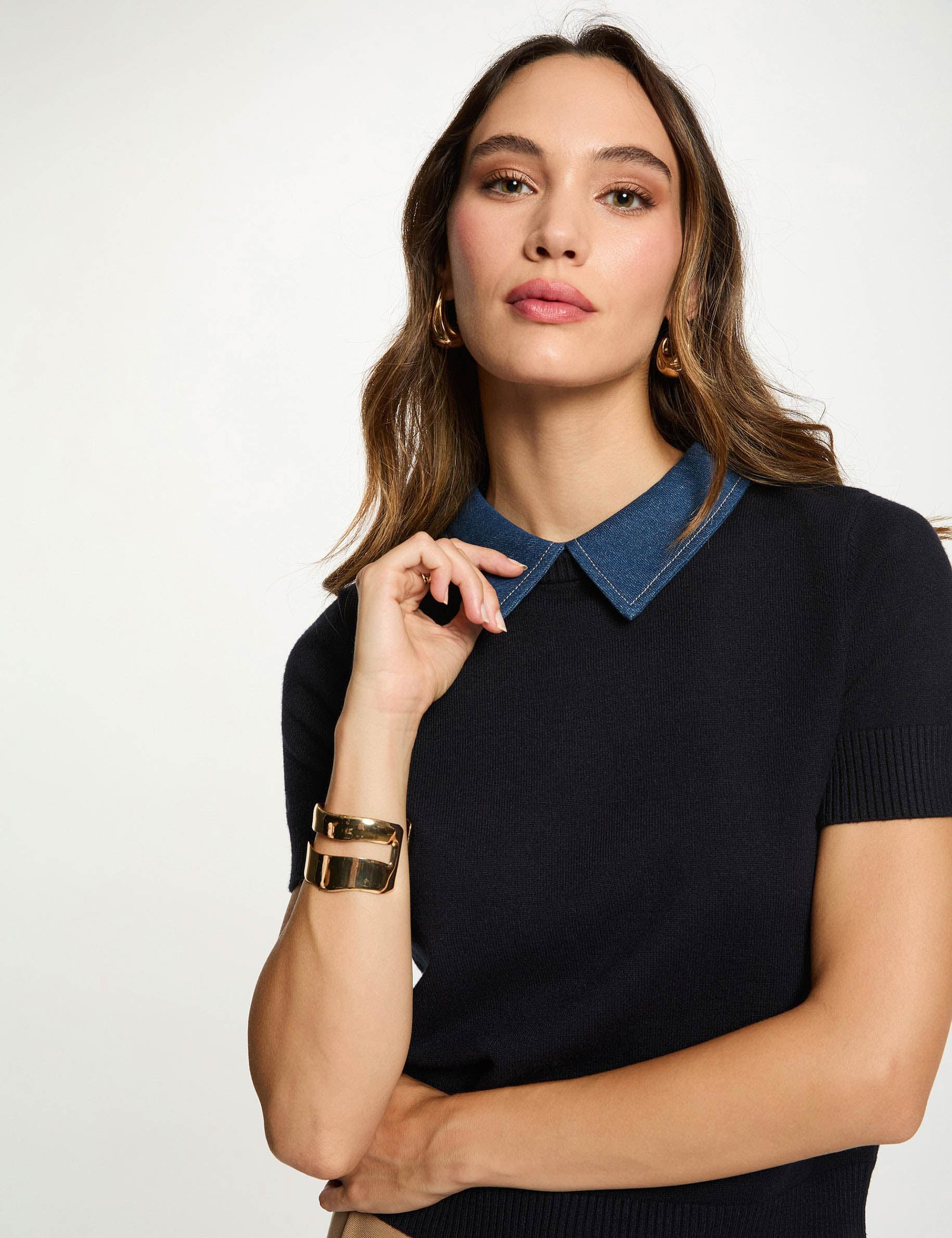 Pull col &agrave; revers bleu marine femme