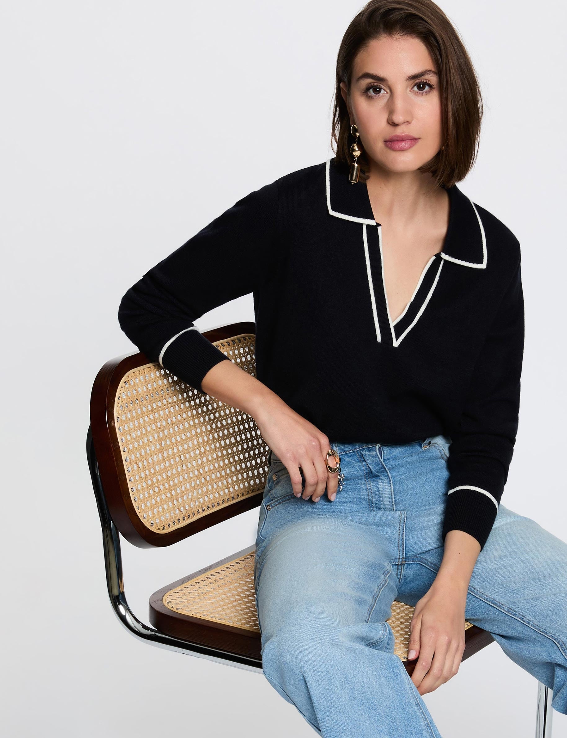 Pull col polo bleu marine femme