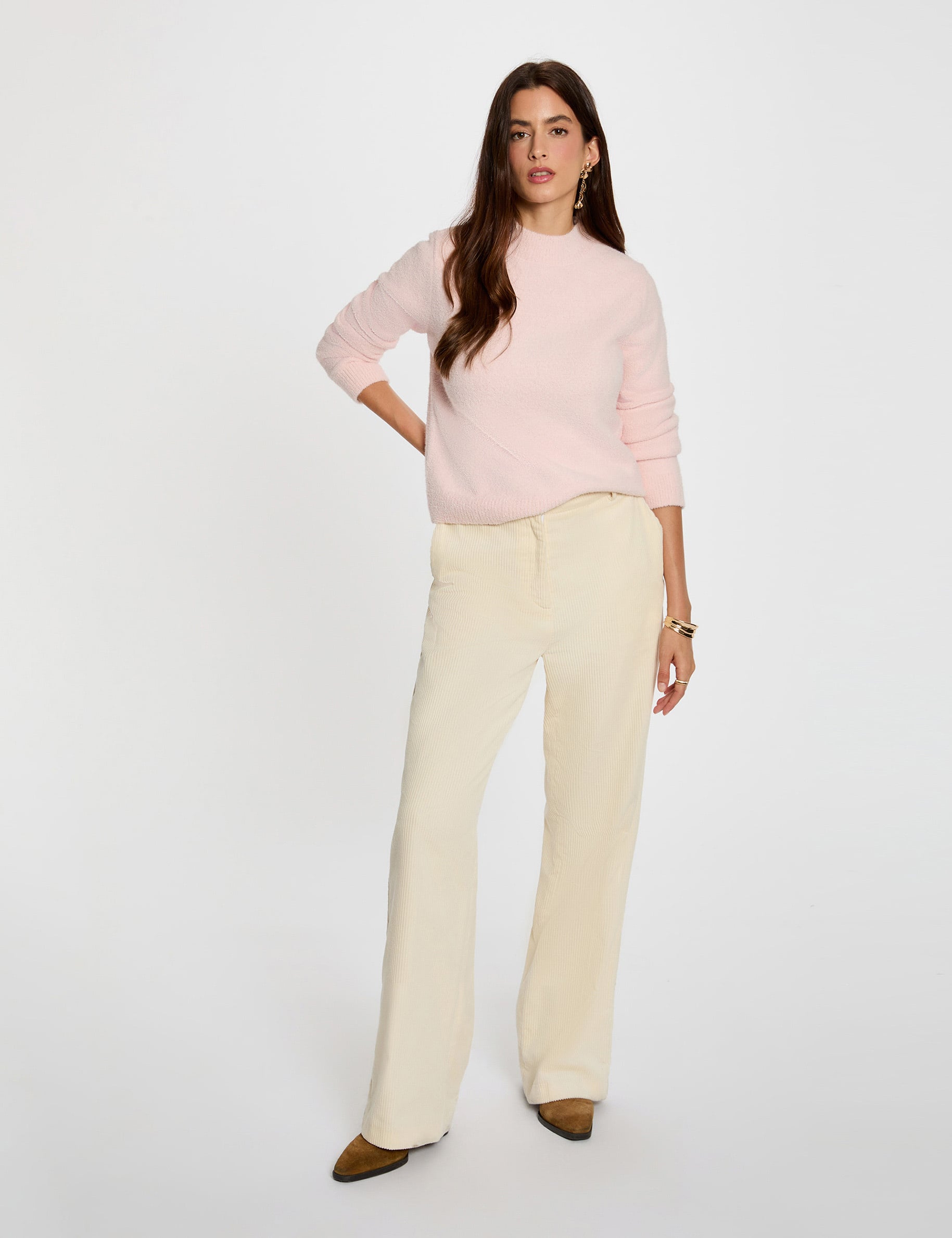 Pull col montant ajust&eacute; rose clair femme