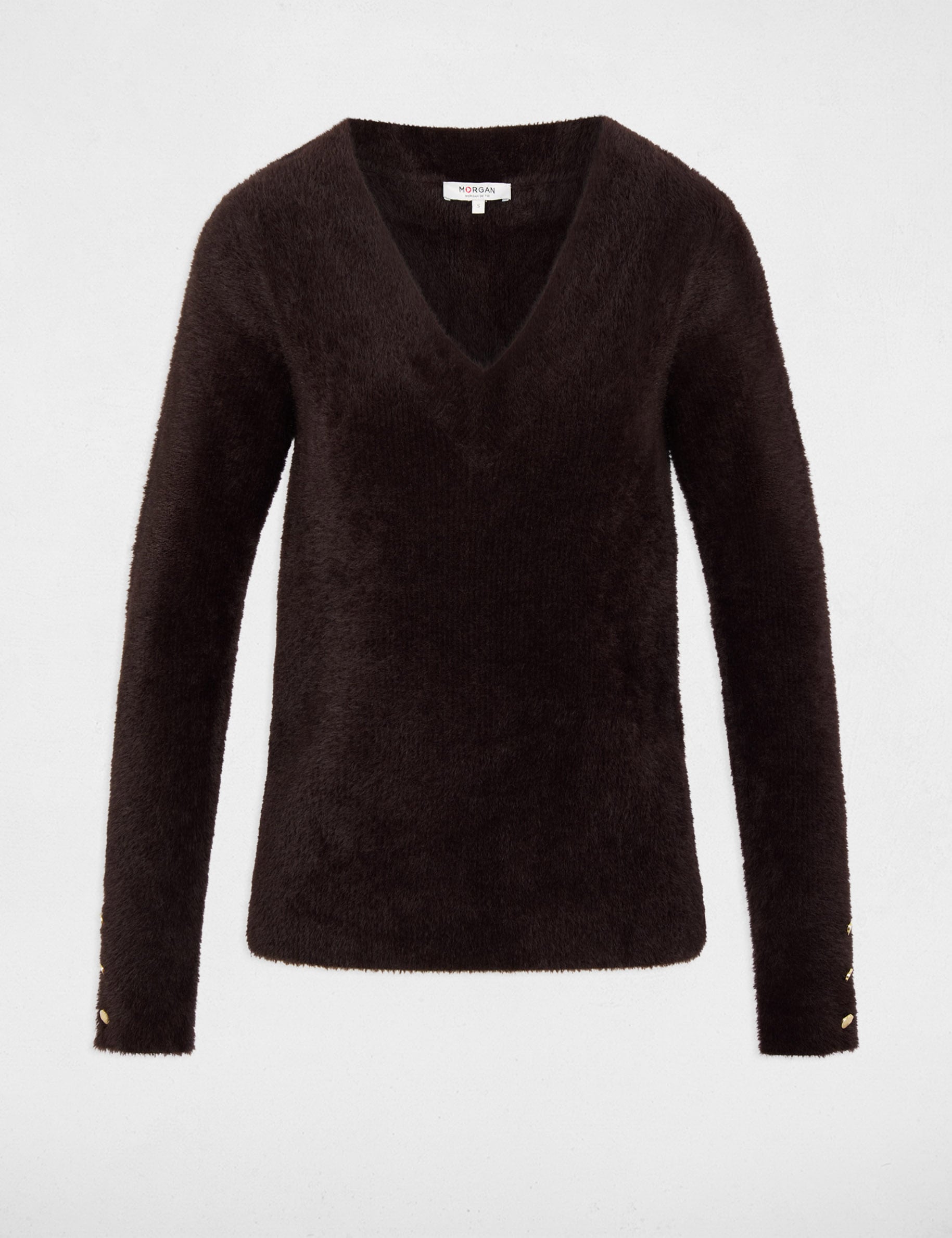Pull col v manches longues marron fonc&eacute; femme
