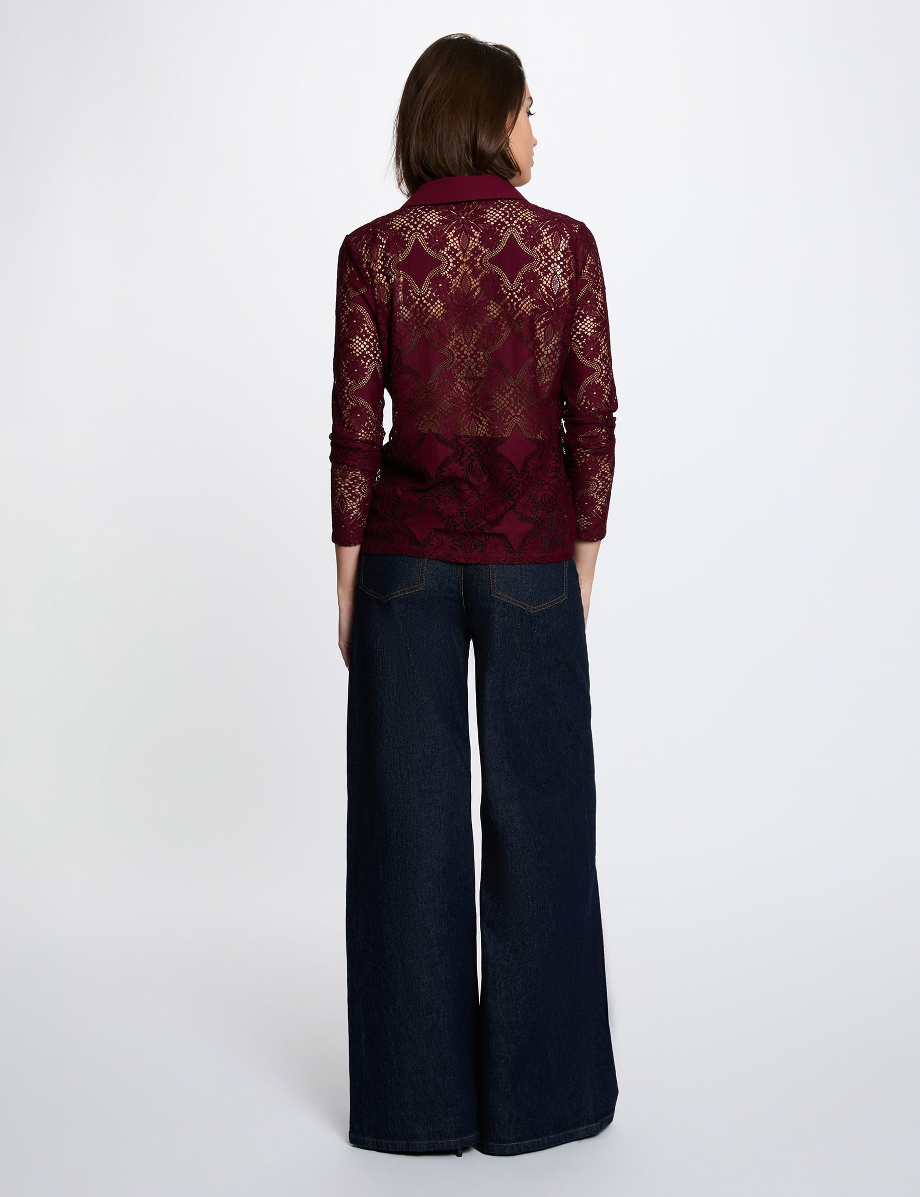 Chemise dentelle col &agrave; revers bordeaux femme