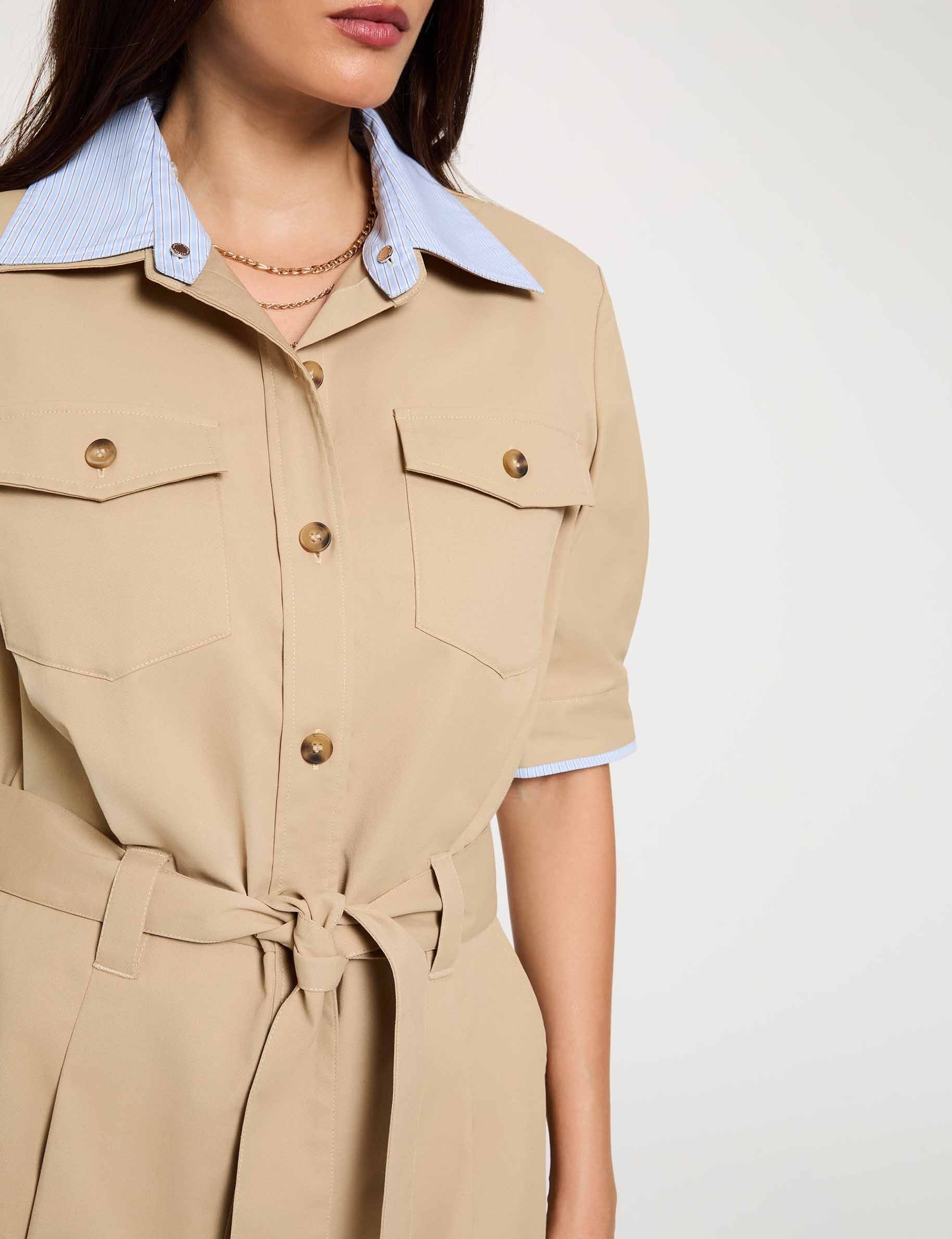 Robe courte col &agrave; revers beige femme