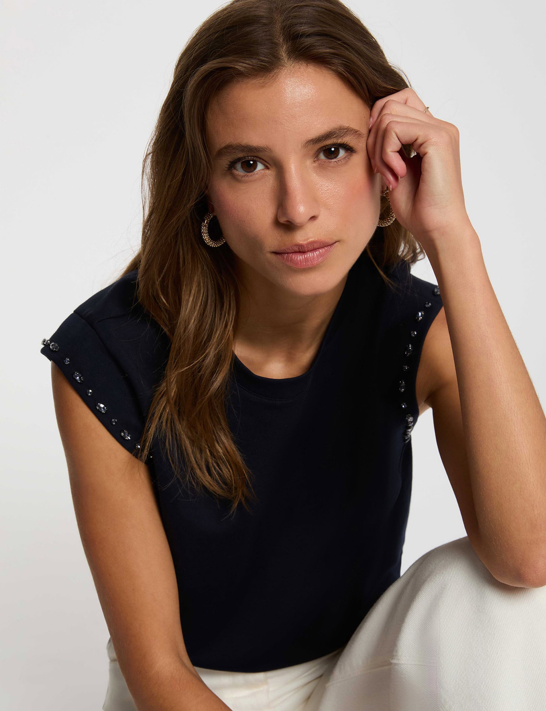 T-shirt col rond strass bleu marine femme