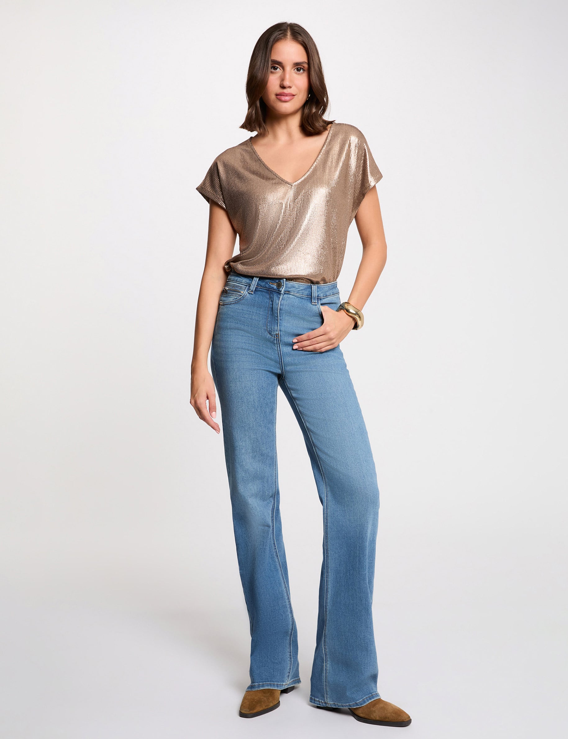 T-shirt col v c&ocirc;tel&eacute; couleur bronze femme