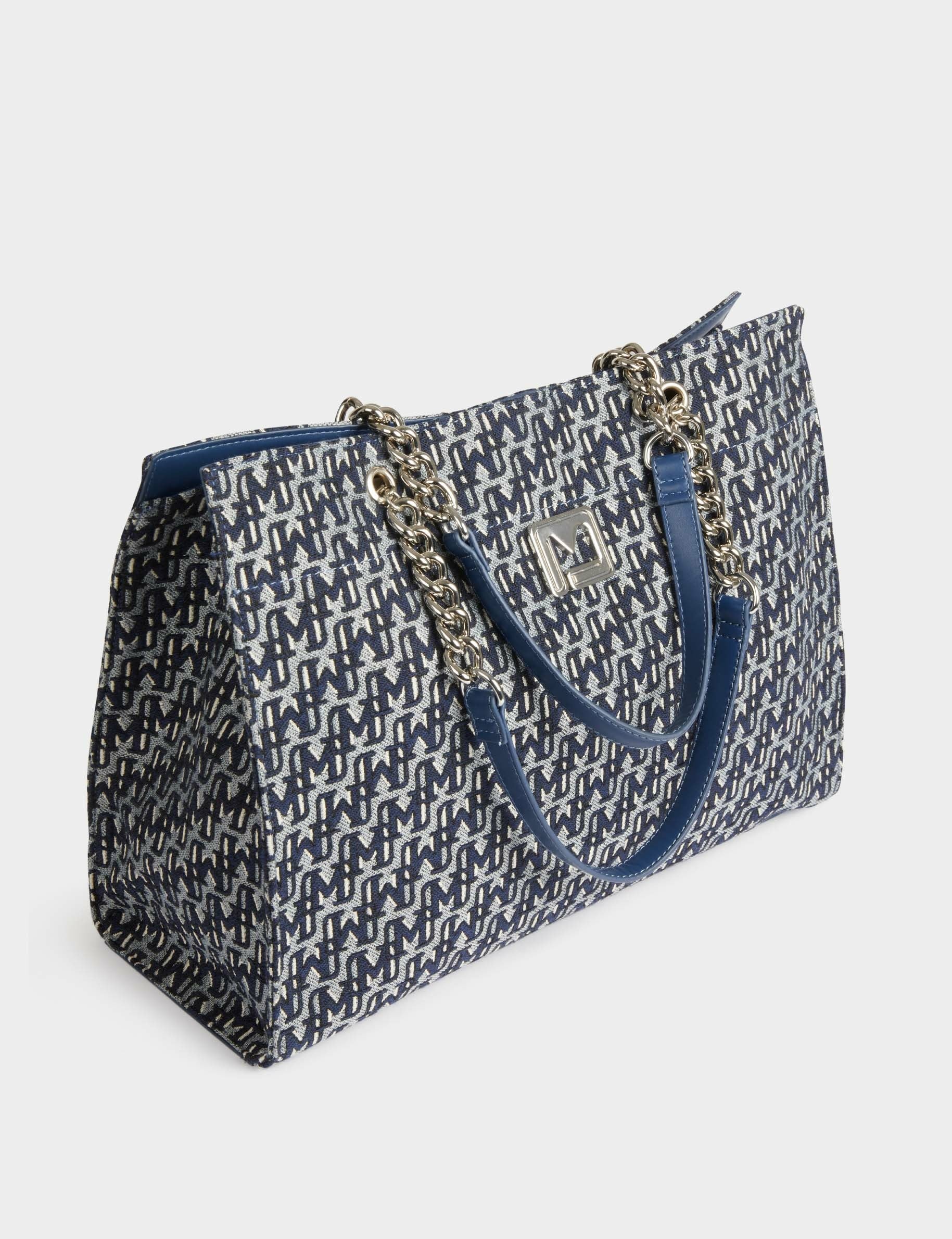 Sac cabas imprim&eacute; monogramme denim stone femme