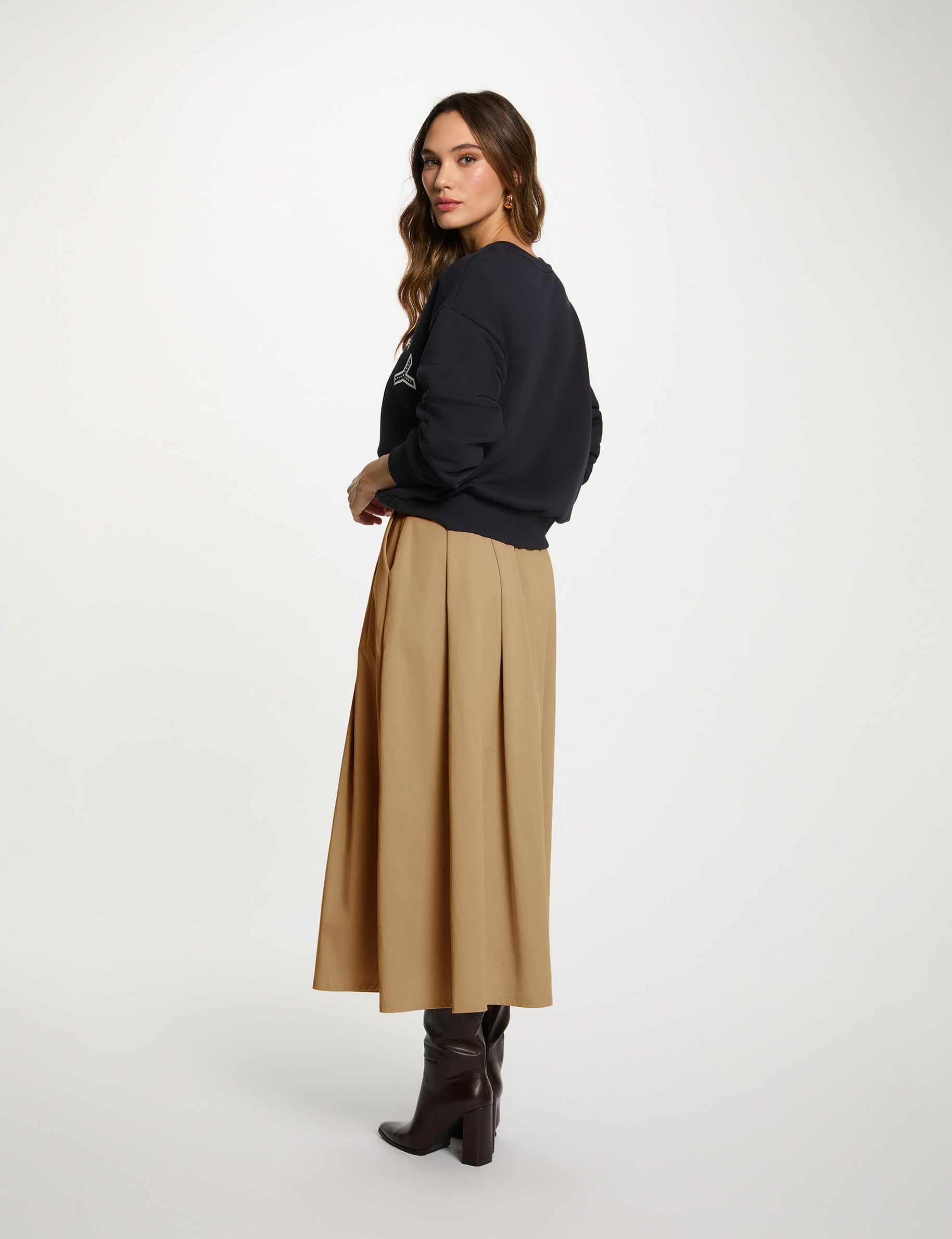 Jupe &eacute;vas&eacute;e taille haute beige femme