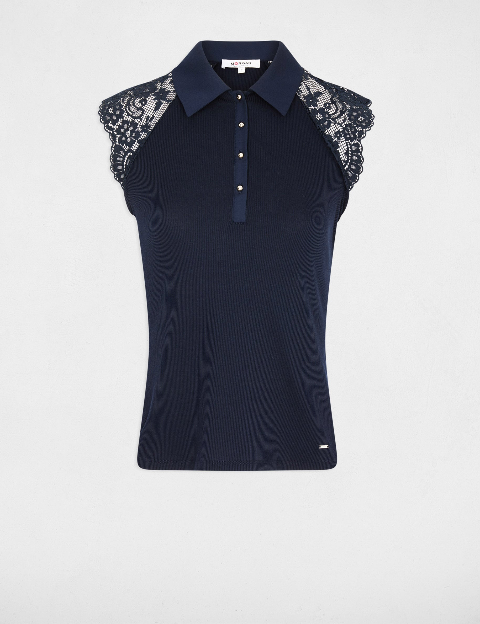 T-shirt dentelle col revers bleu marine femme