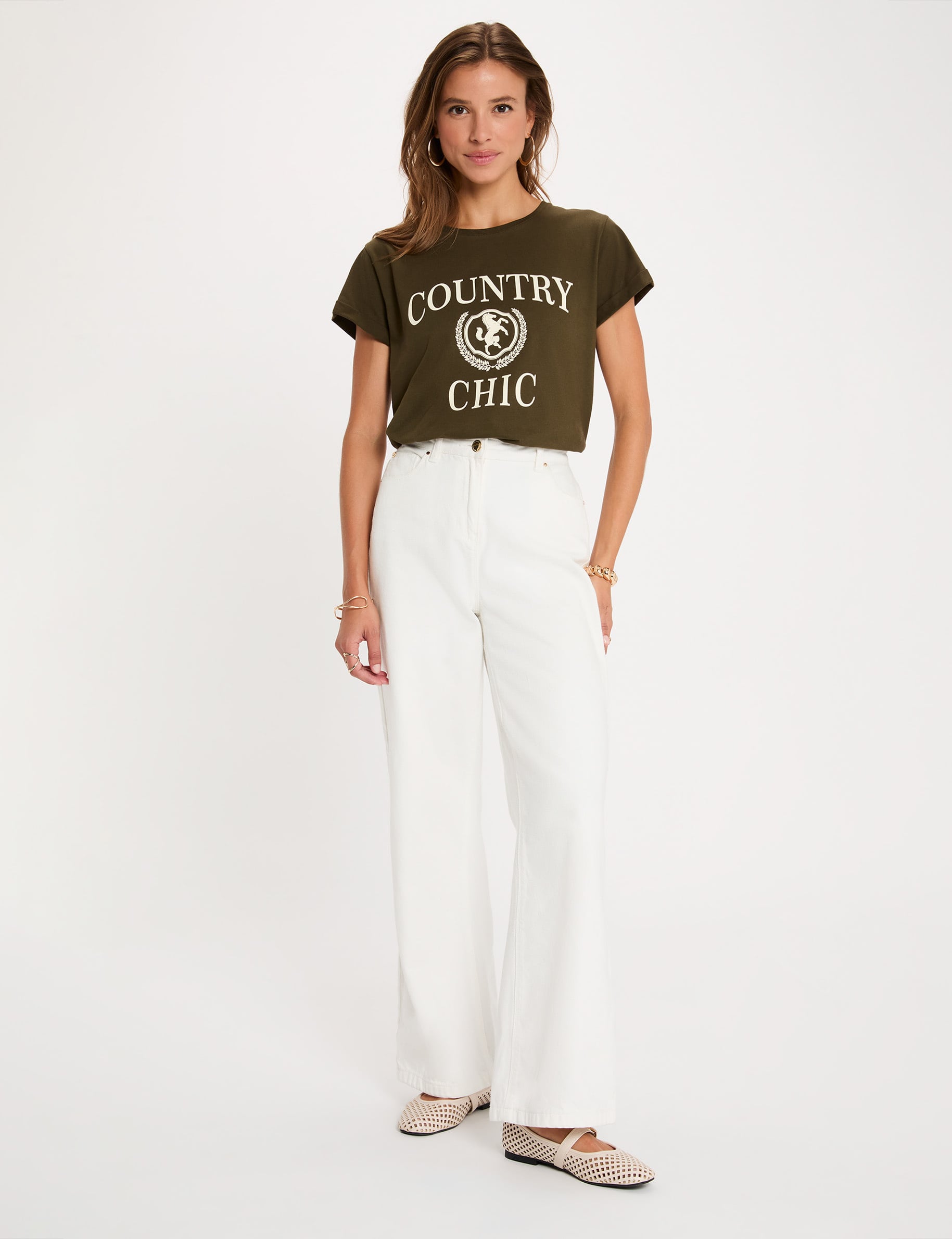 T-shirt col rond manches courtes vert kaki femme