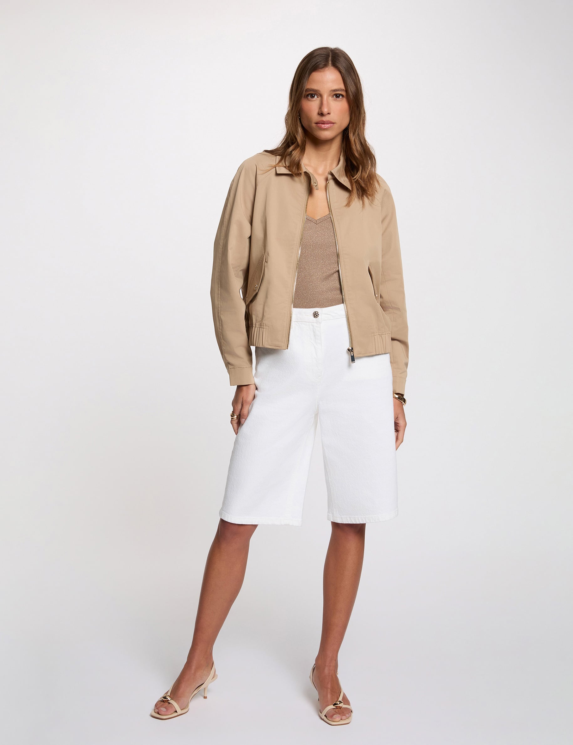 Blouson court col ouvert beige femme