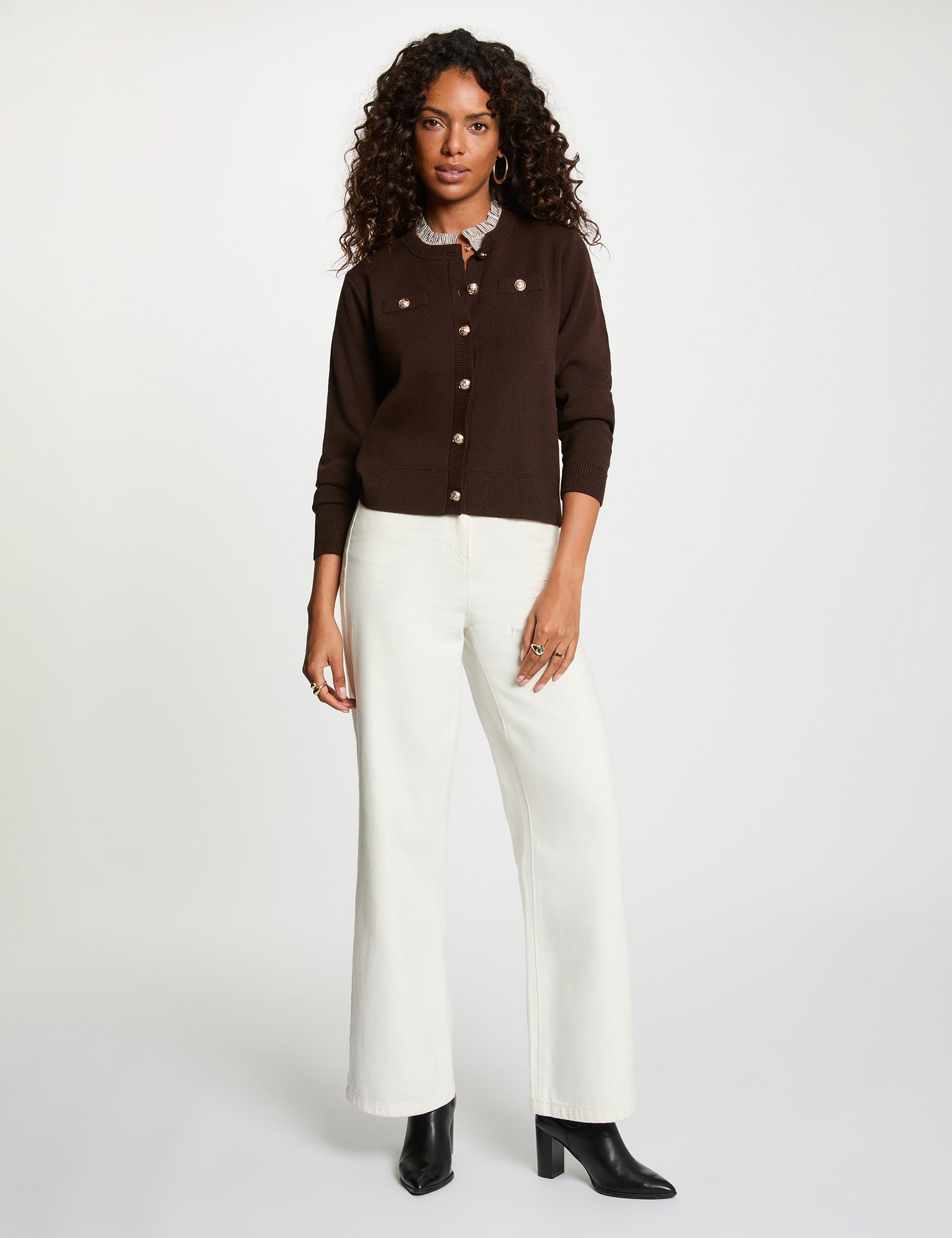 Gilet boutons bijoux marron fonc&eacute; femme