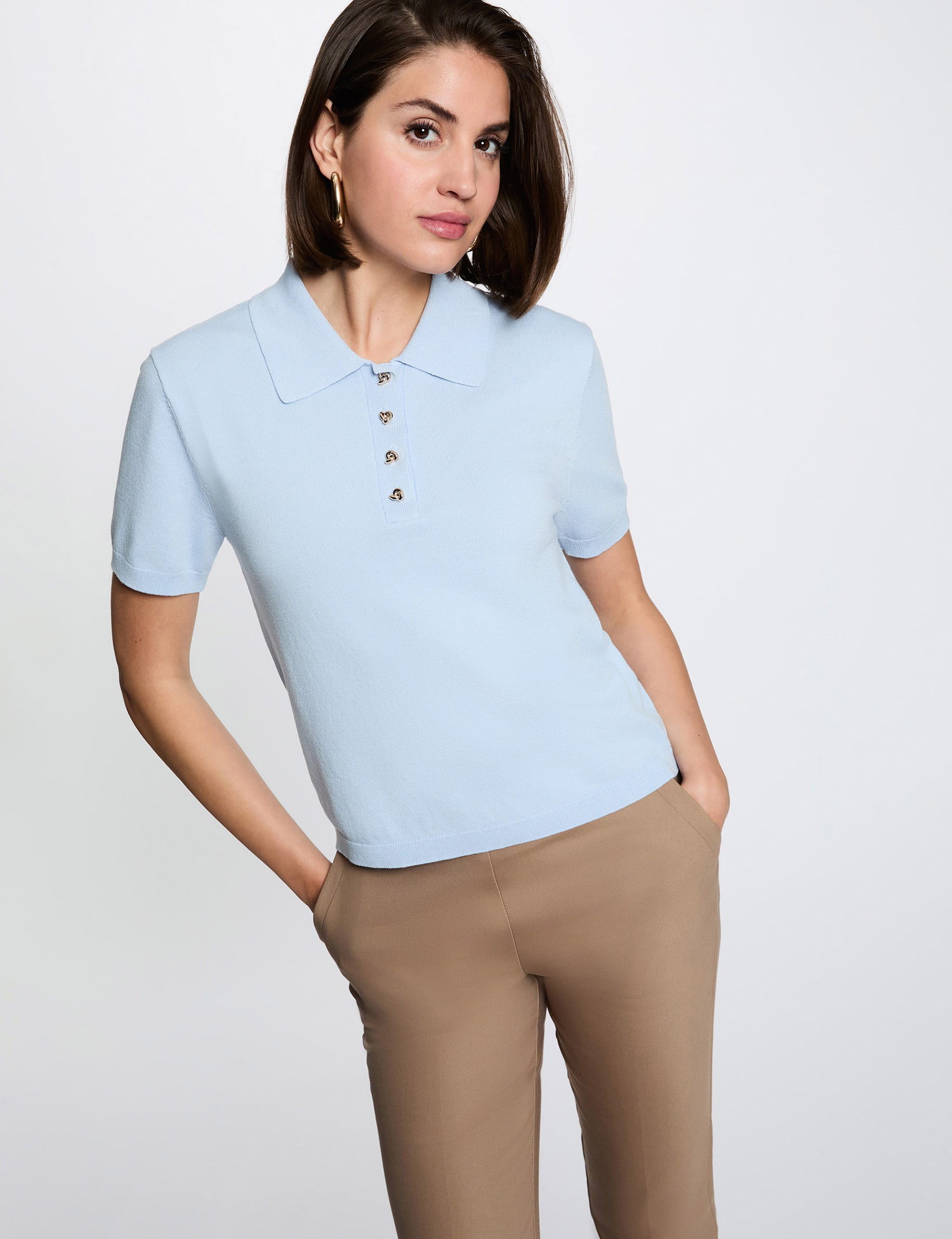 Pull col &agrave; revers bleu ciel femme