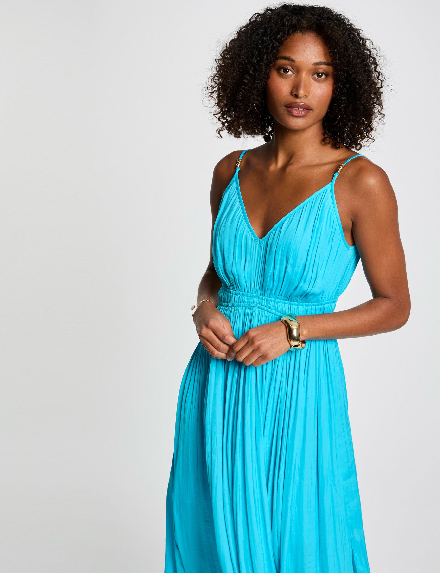 Robe midi droite pliss&eacute;e bleu ciel femme