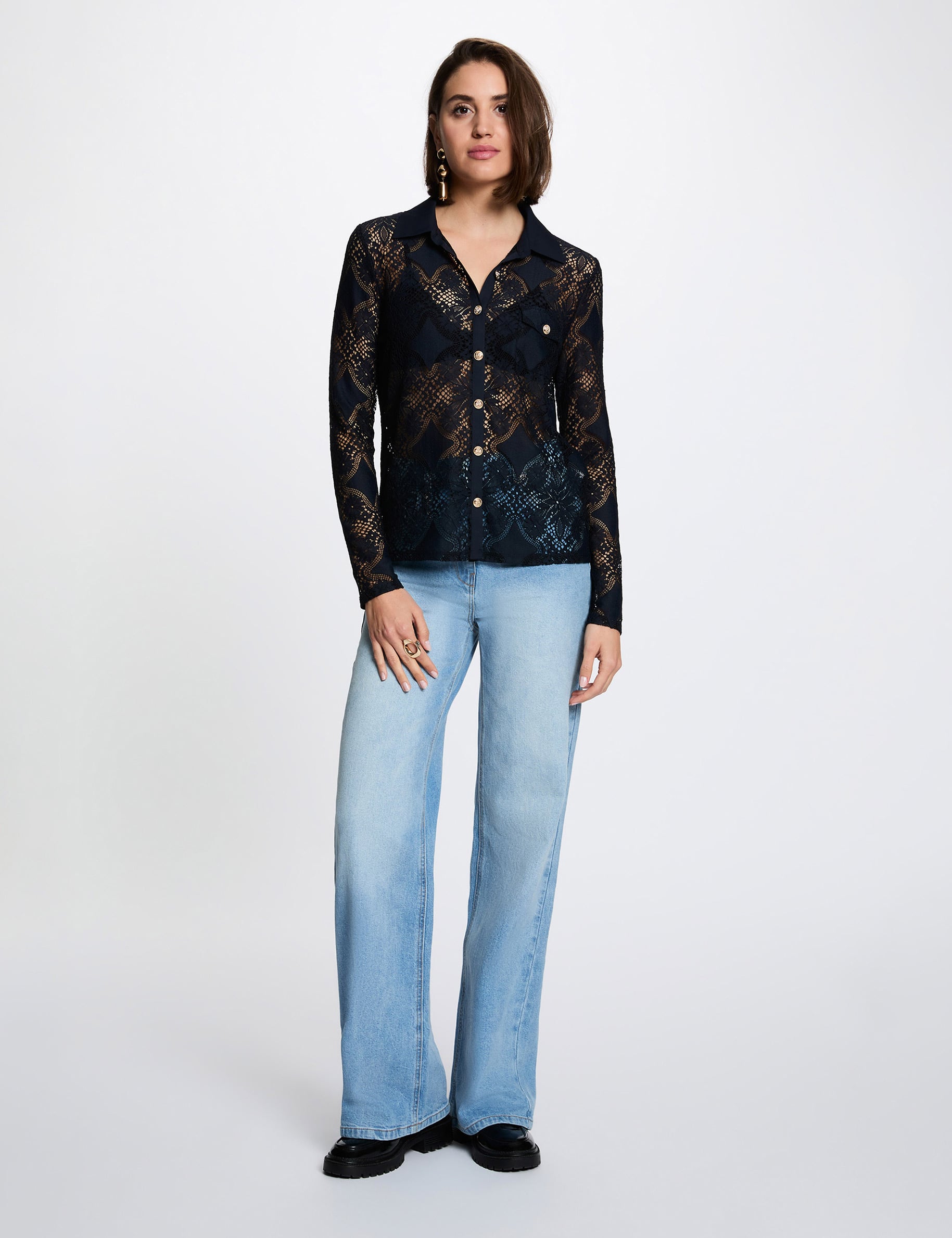Chemise dentelle col &agrave; revers bleu marine femme