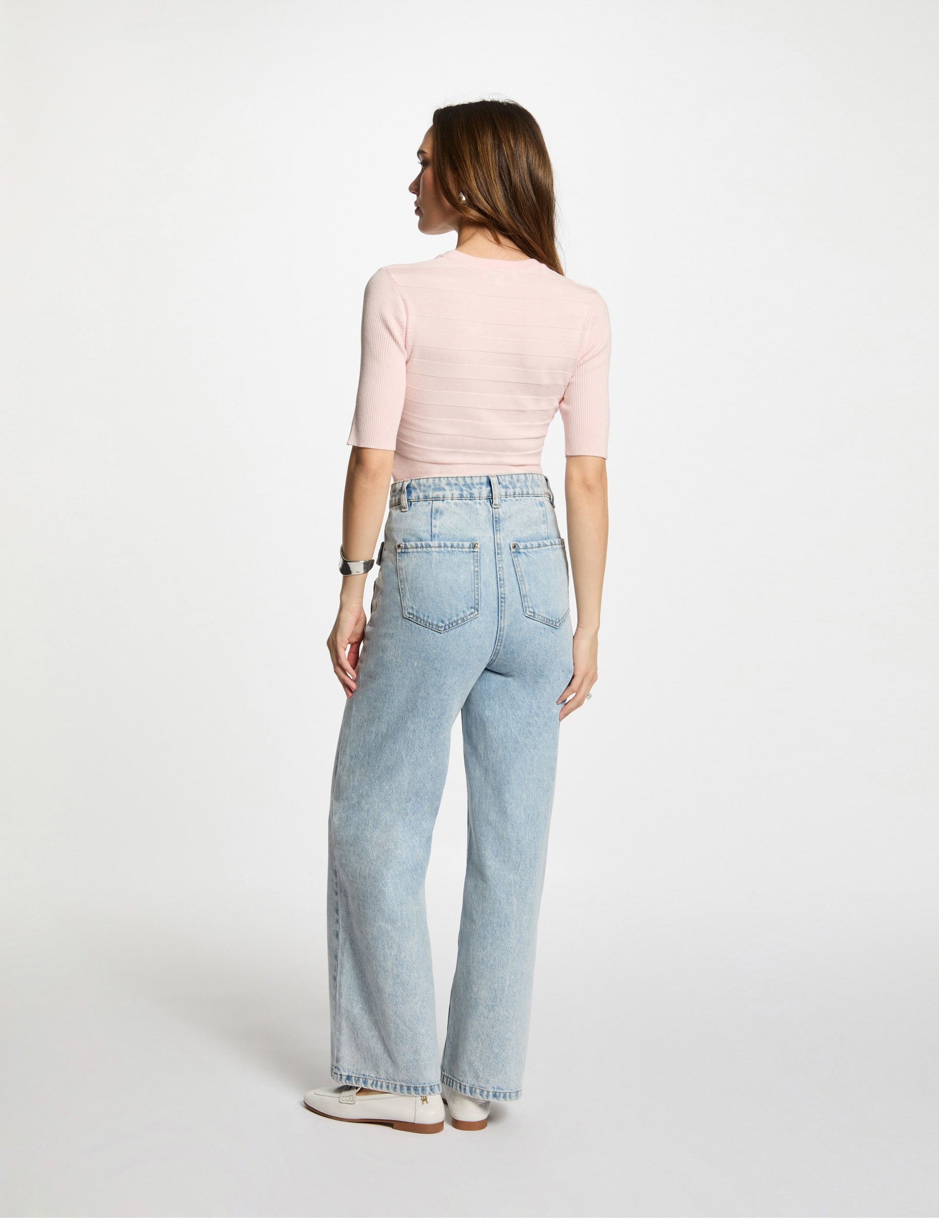 Pull col rond manches courtes rose clair femme