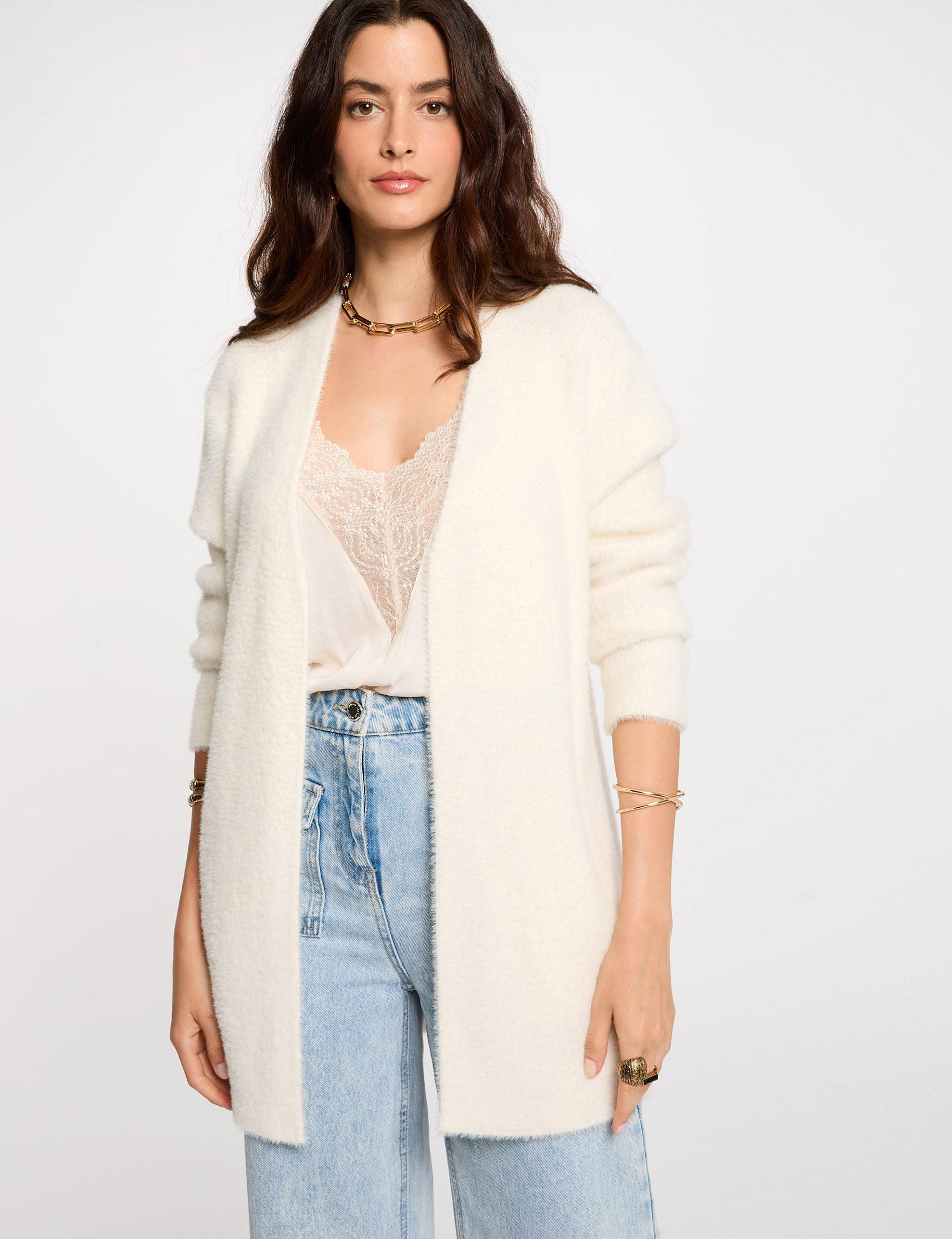 Gilet long maille duveteuse ivoire femme