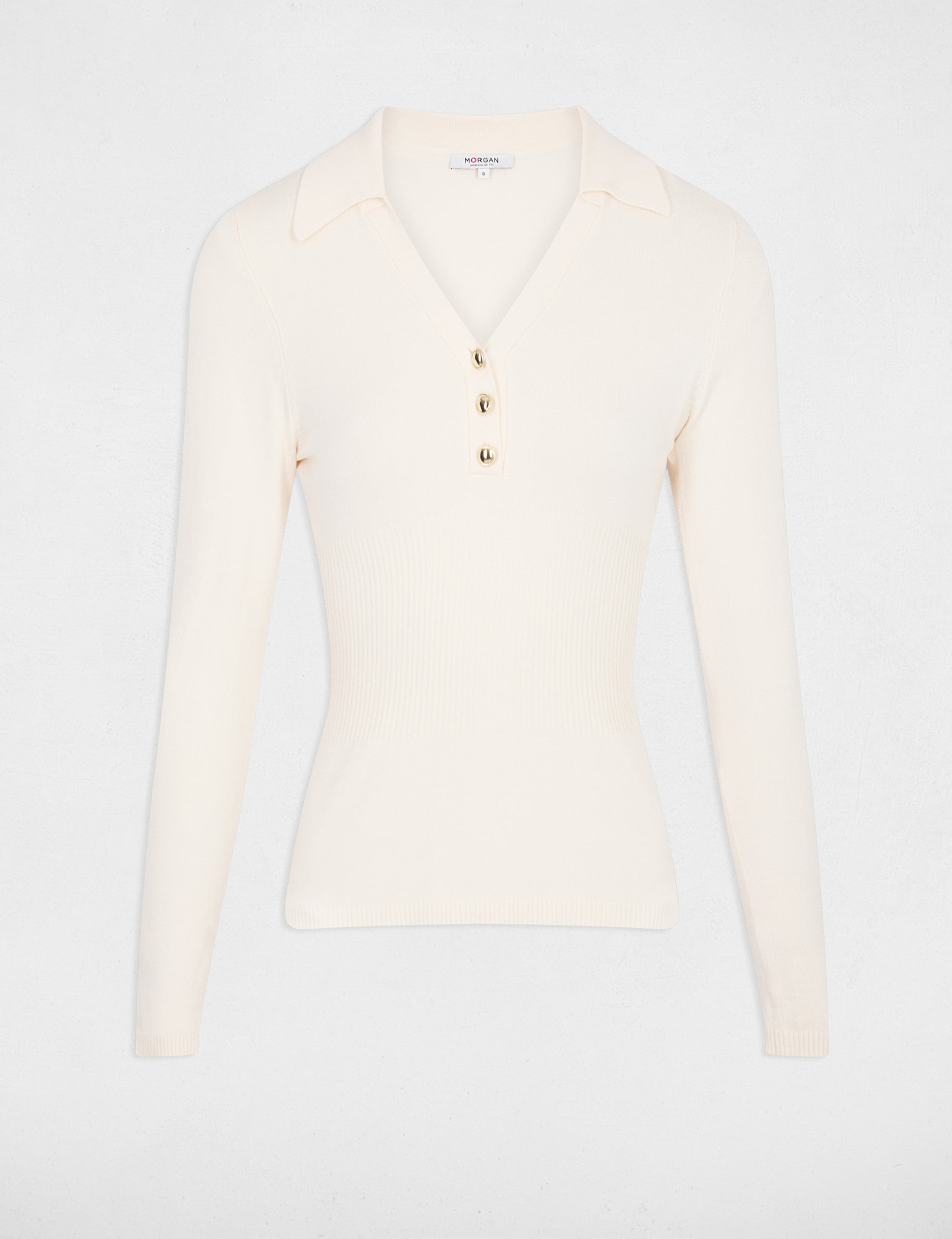 Pull ajust&eacute; col polo ivoire femme