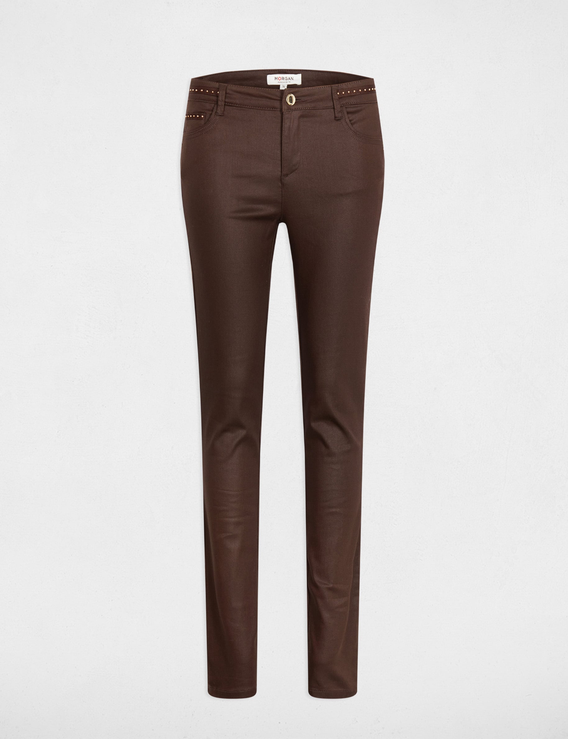 Pantalon slim enduit marron fonc&eacute; femme