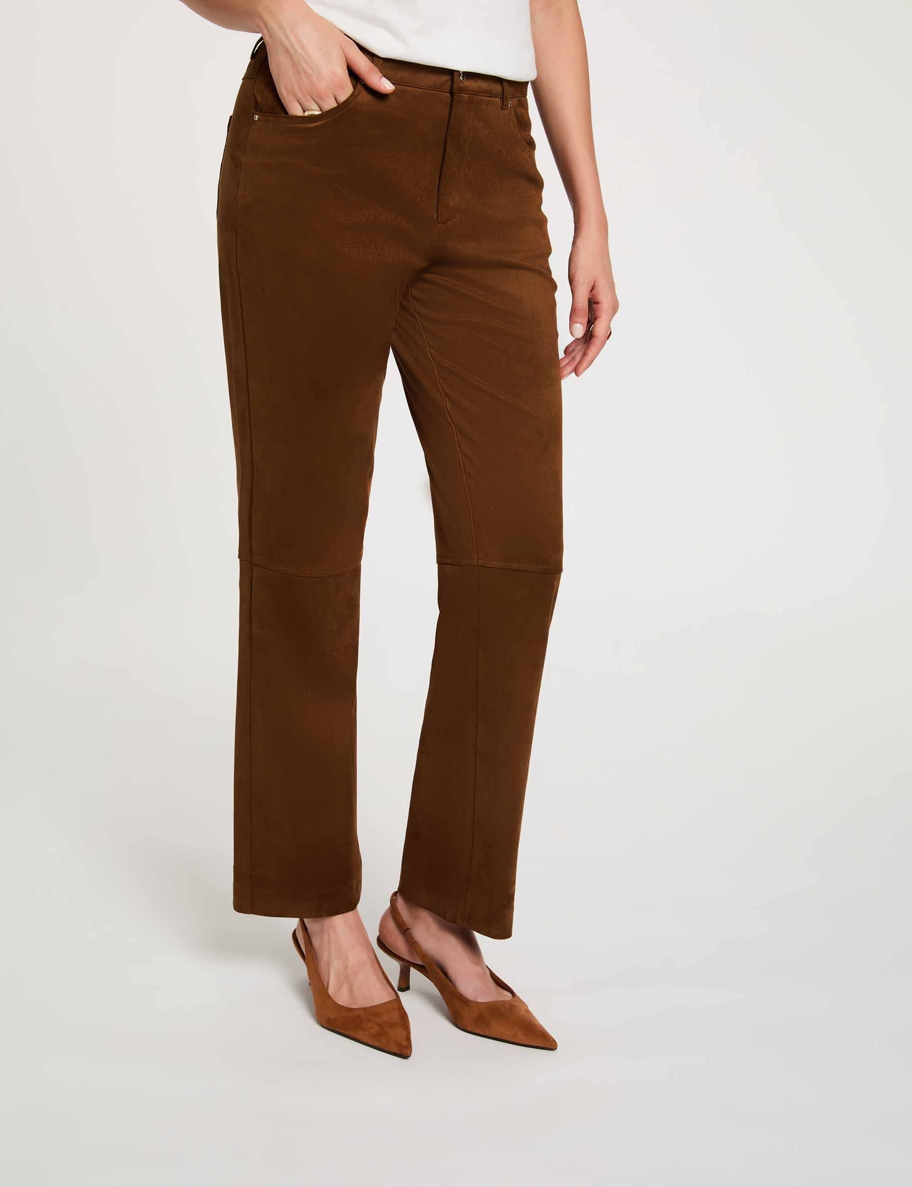Pantalon droit su&eacute;dine marron chocolat femme