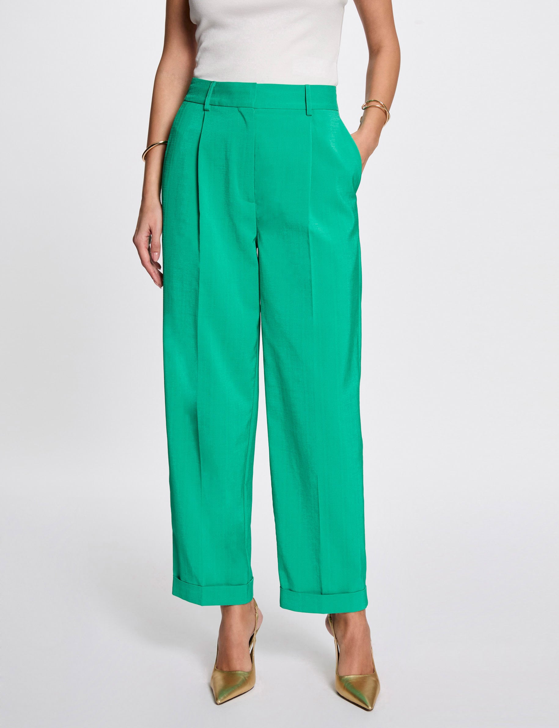 Pantalon droit &agrave; pinces vert &eacute;meraude femme
