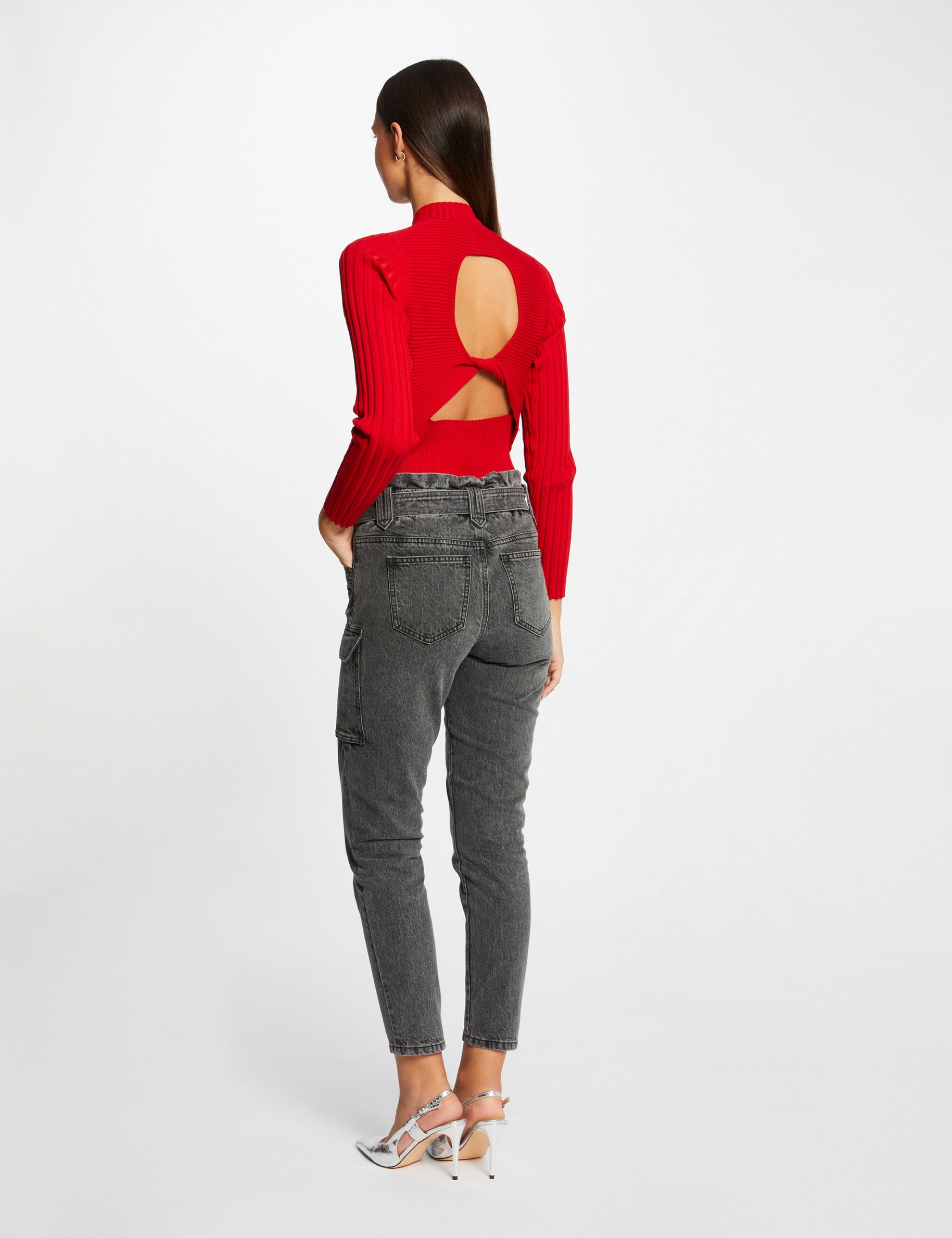 Pull manches longues avec dos ouvert rouge moyen femme