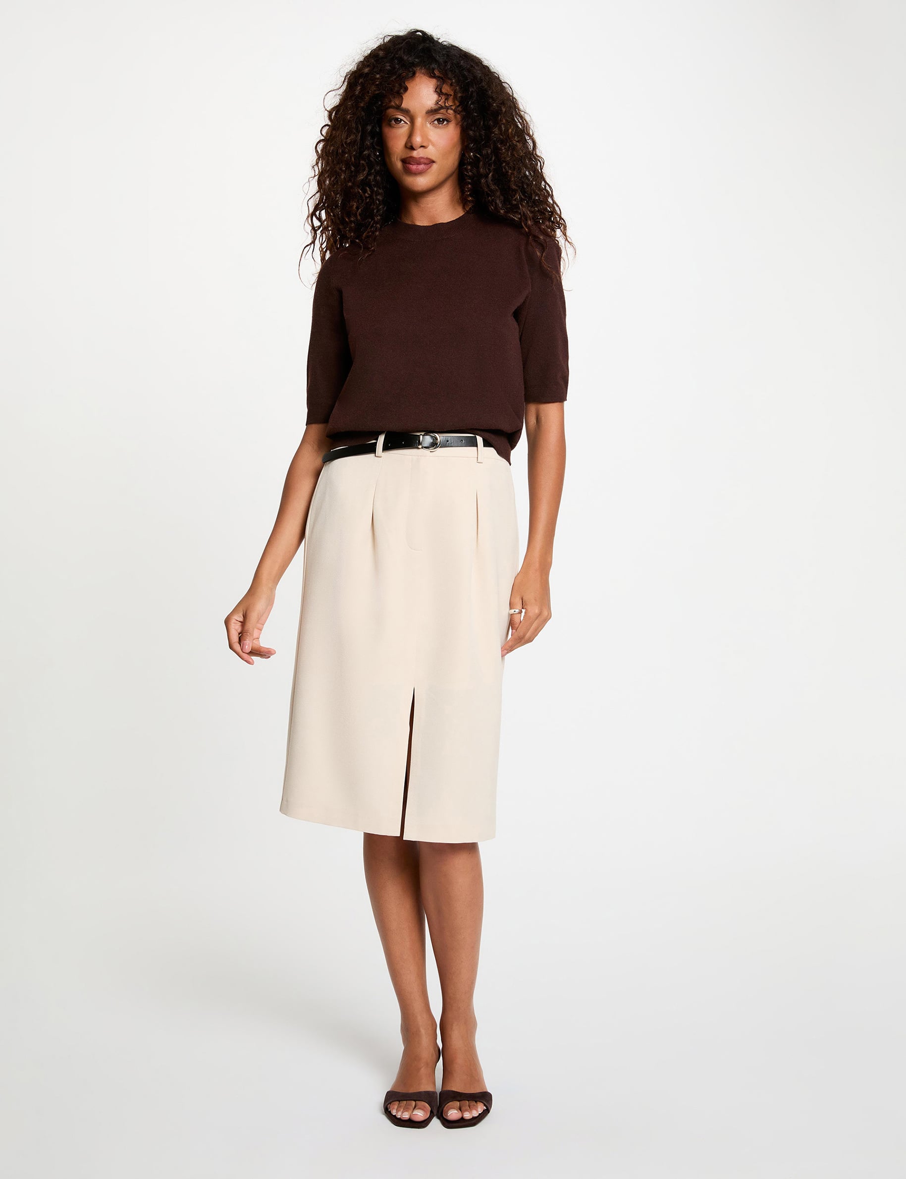 Jupe crayon taille haute beige femme