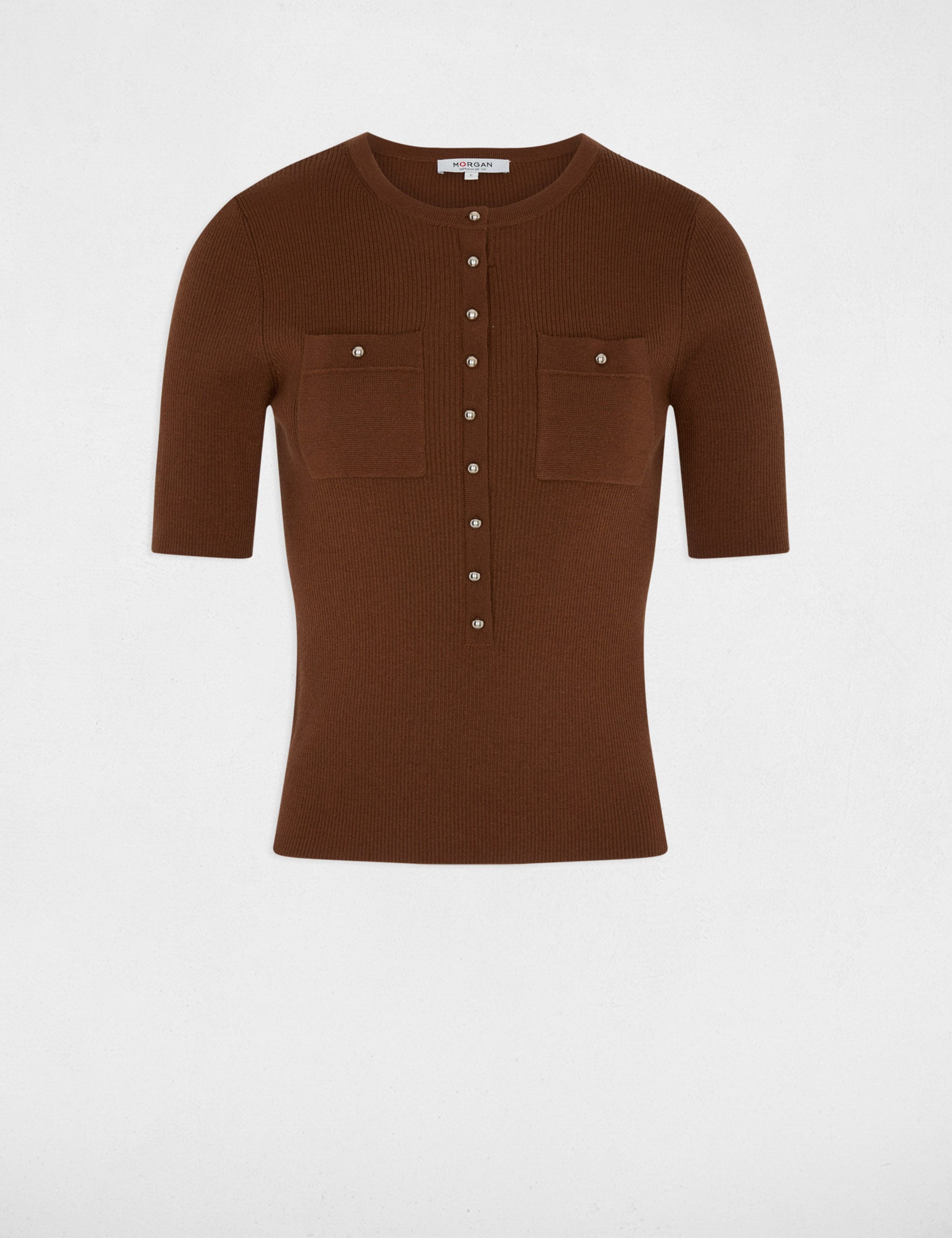 Pull col rond manches courtes marron chocolat femme