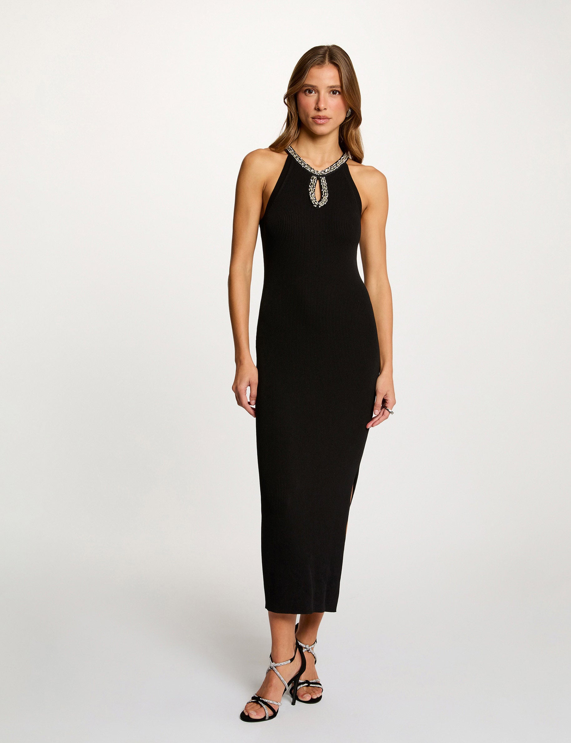 Robe tricot longue cintr&eacute;e noir femme