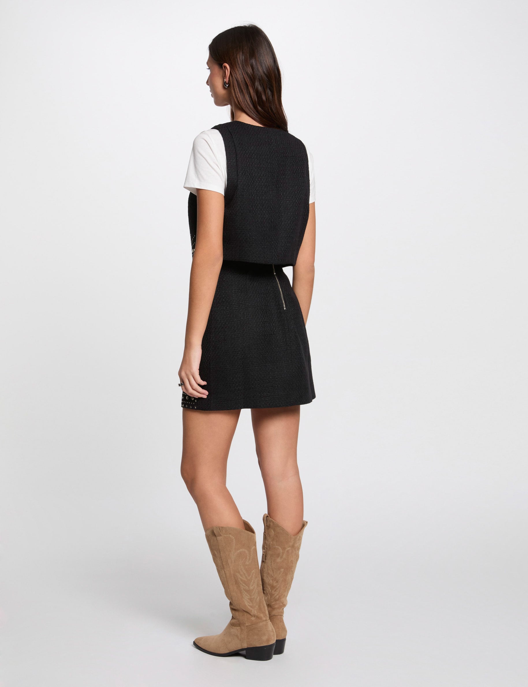 Jupe courte tweed clous noir femme