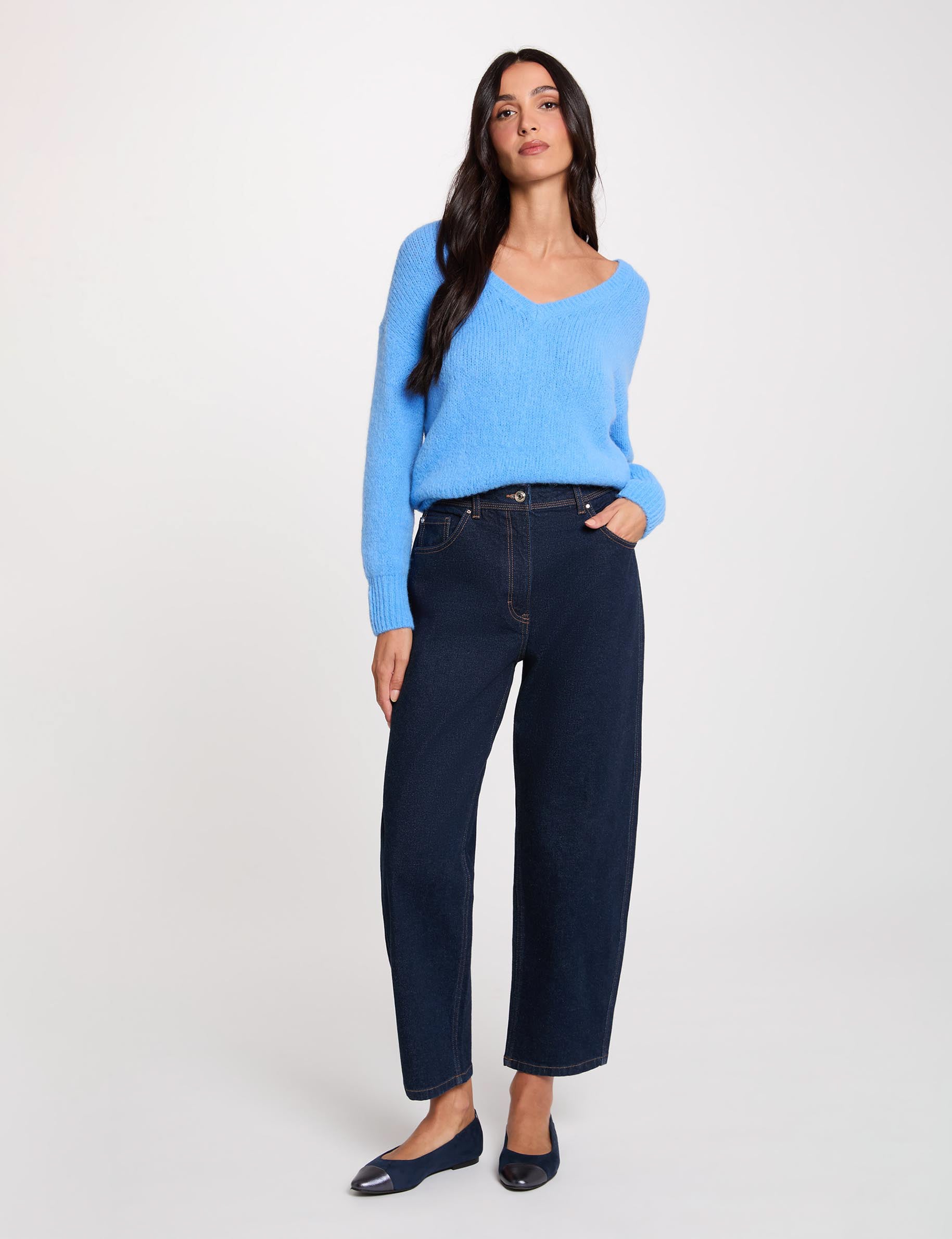 Pull col v manches longues bleu femme