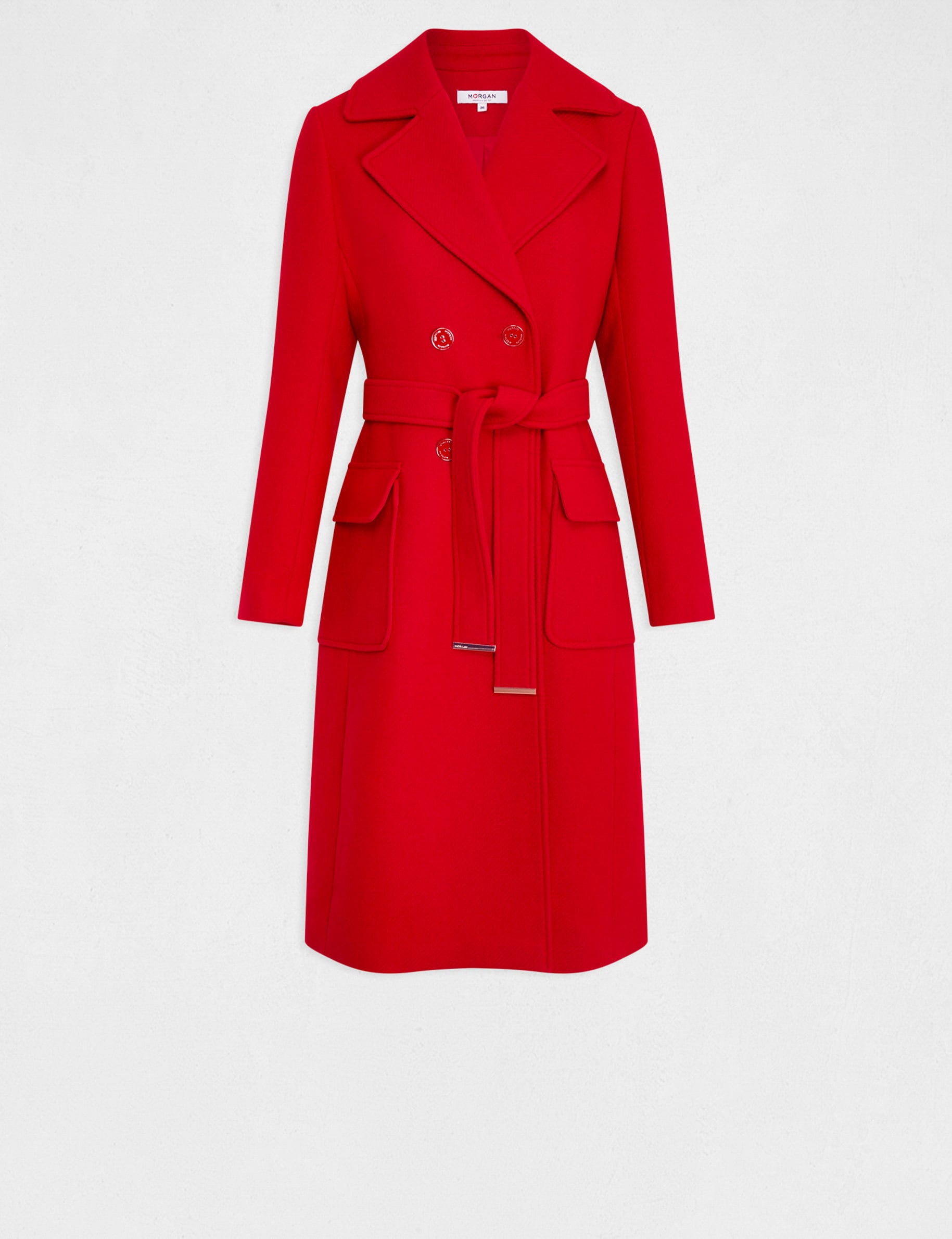 Manteau long cintr&eacute; ceintur&eacute; rouge femme