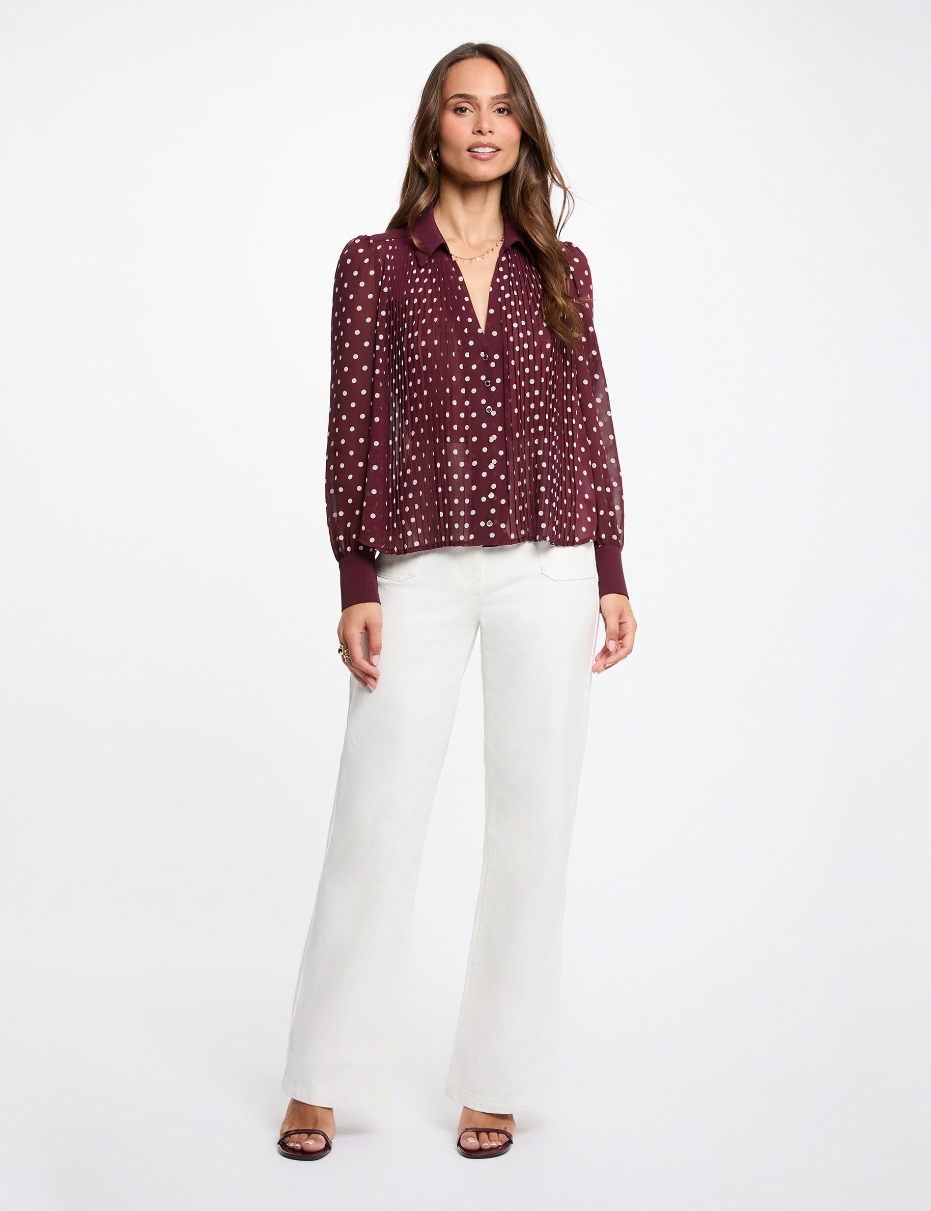 Chemise manches longues &agrave; pois bordeaux femme