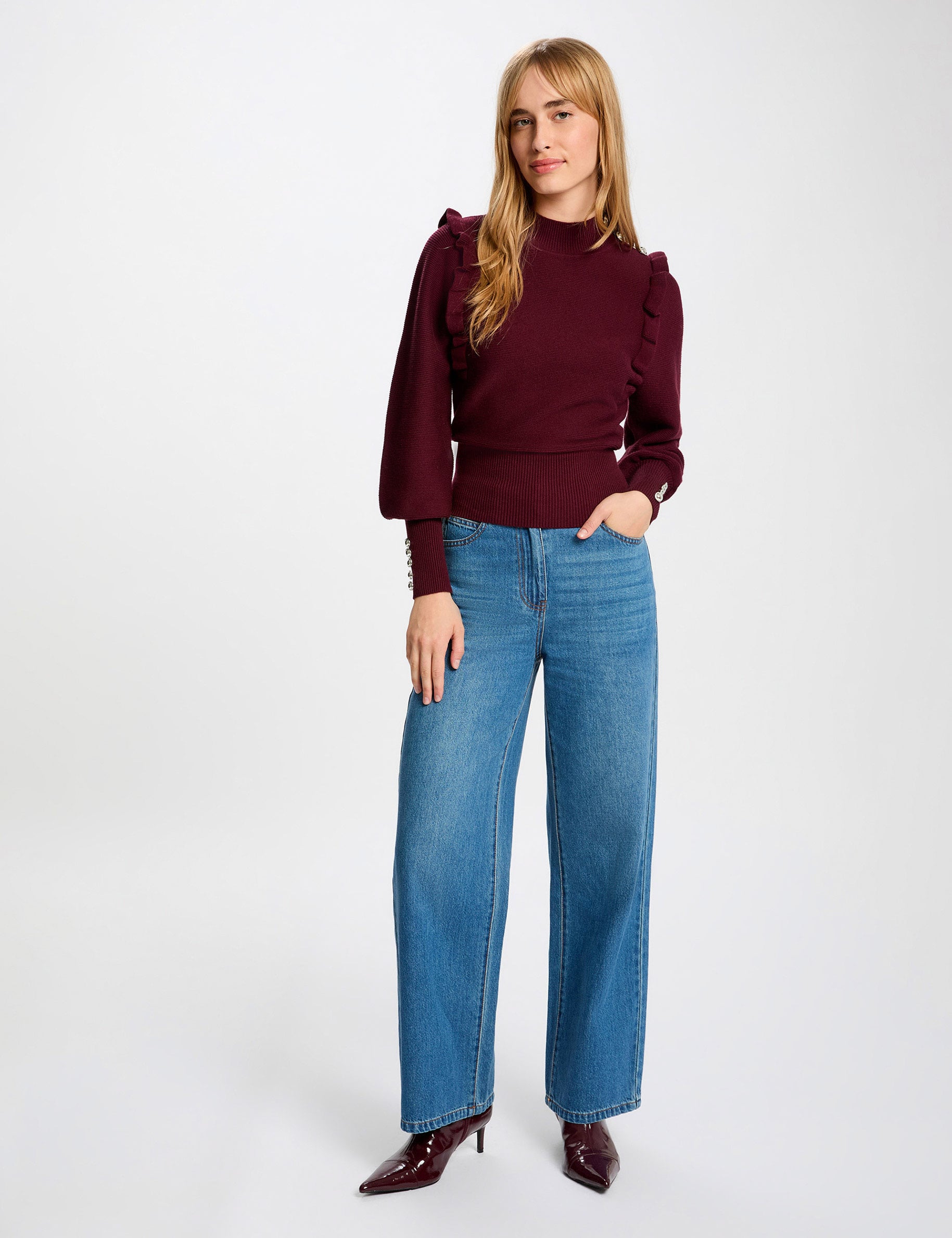 Pull manches longues avec volants prune femme