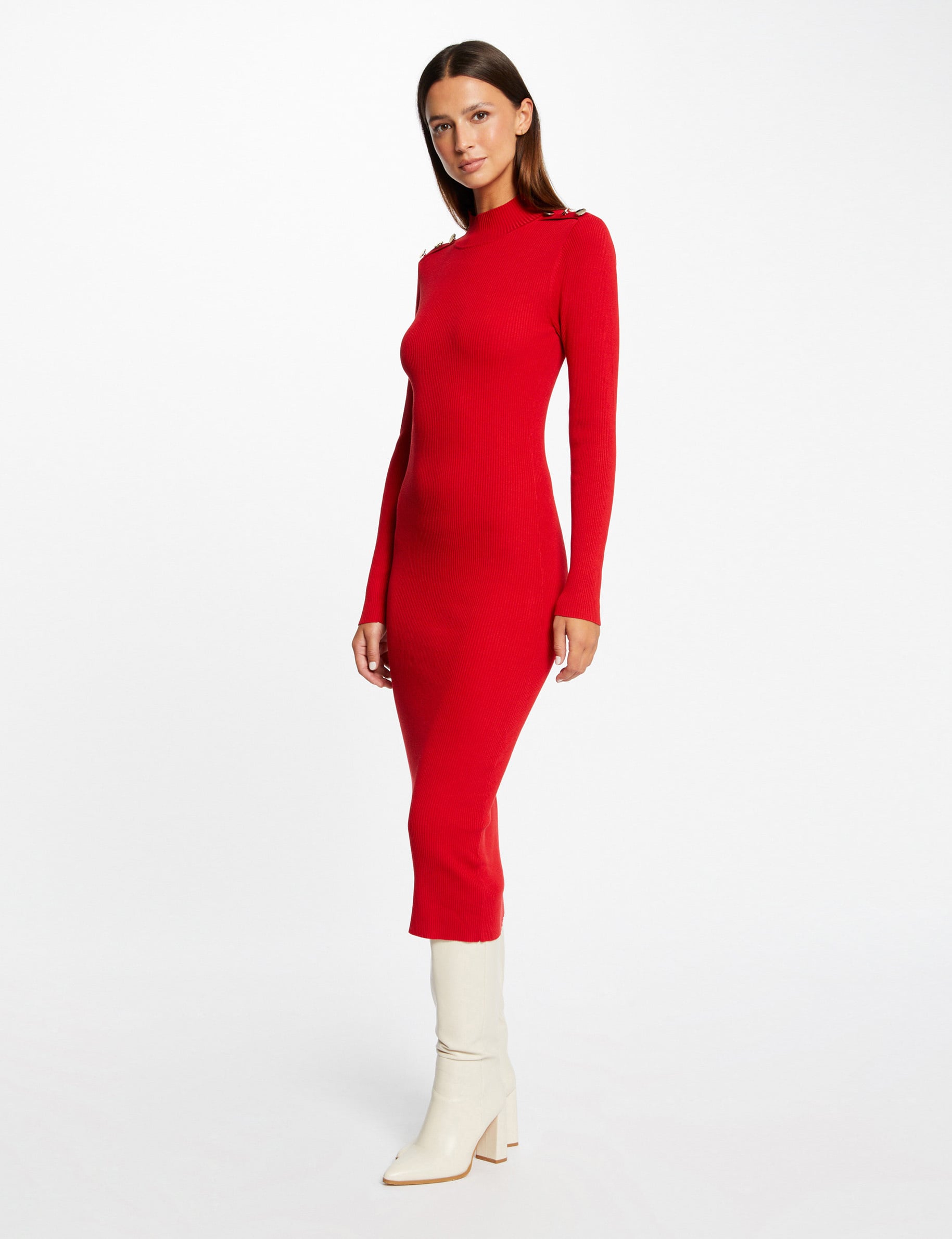 Robe pull longue ajust&eacute;e dos ouvert rouge moyen femme