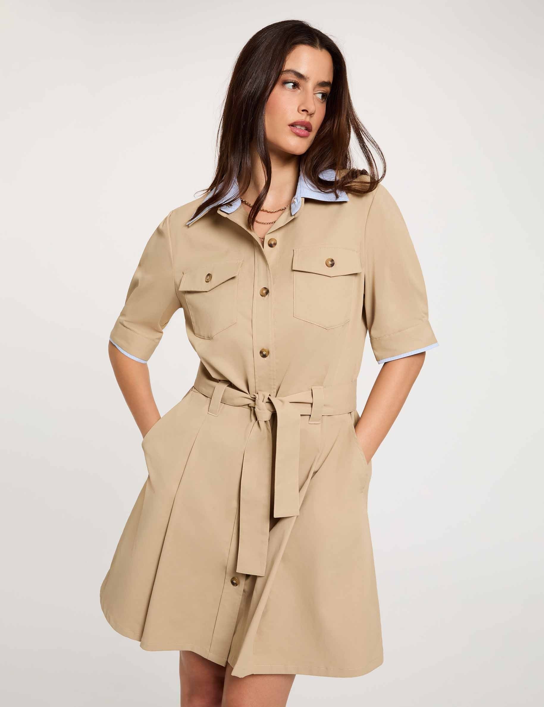 Robe courte col &agrave; revers beige femme