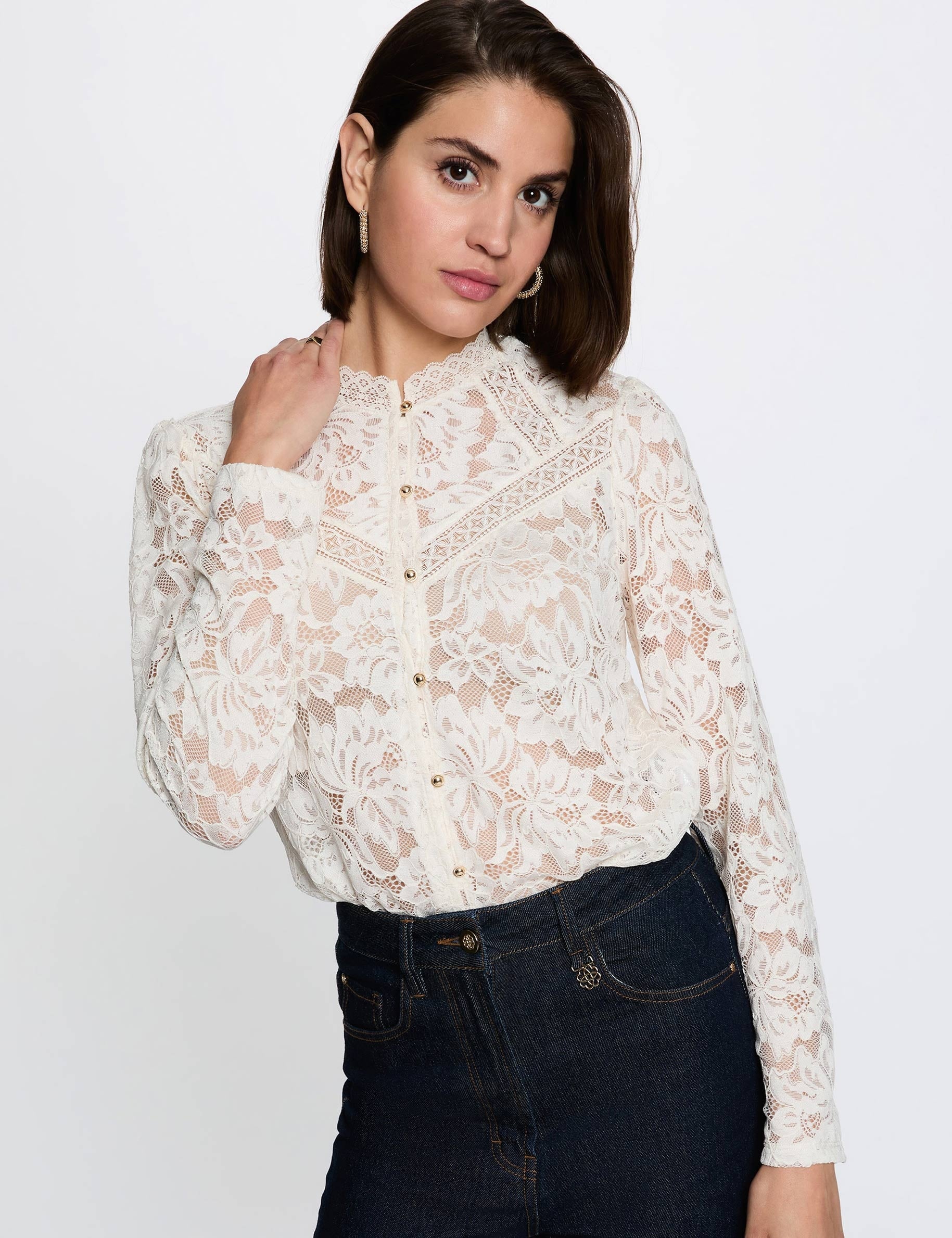 T-shirt dentelle col montant ivoire femme