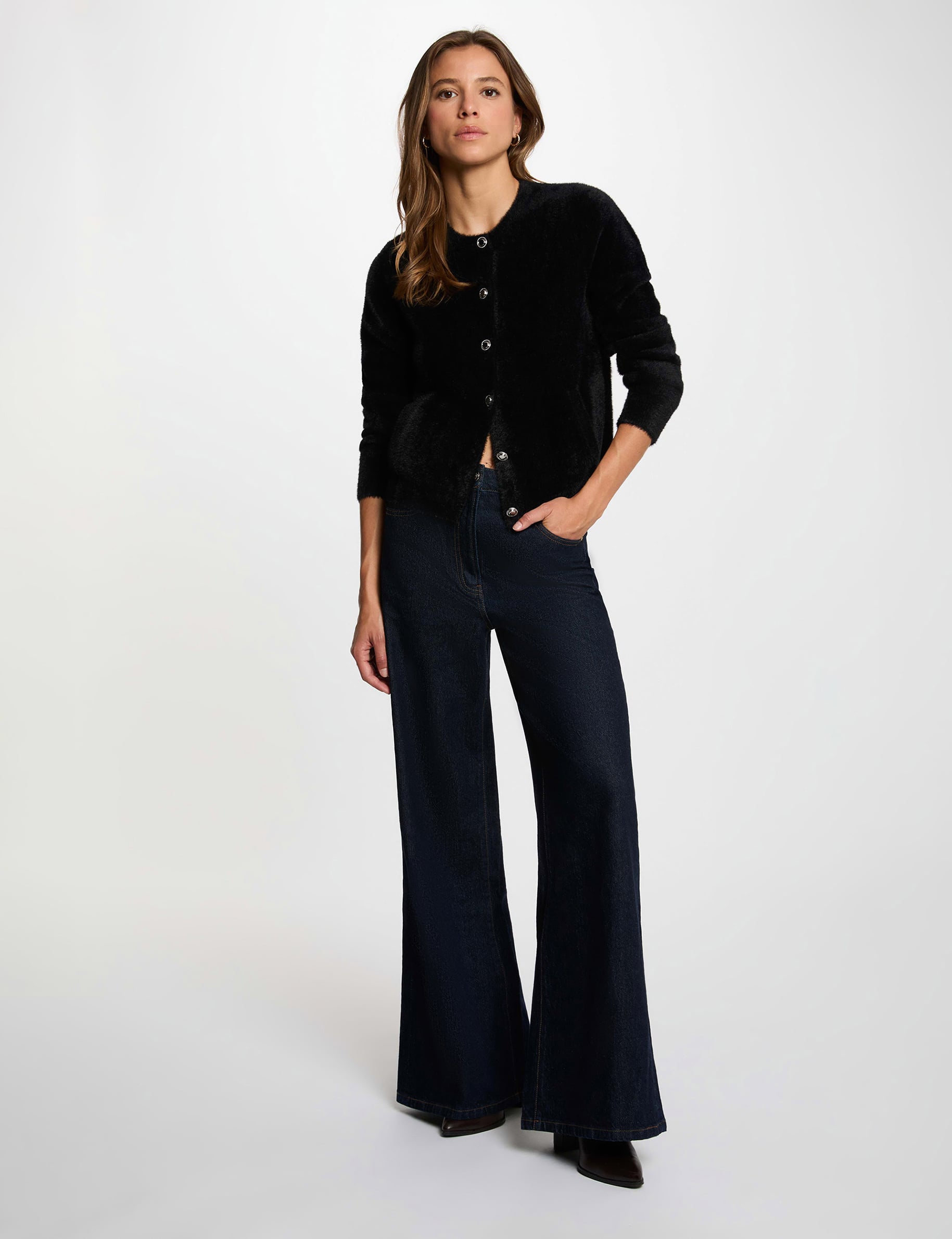 Gilet maille duveteuse noir femme