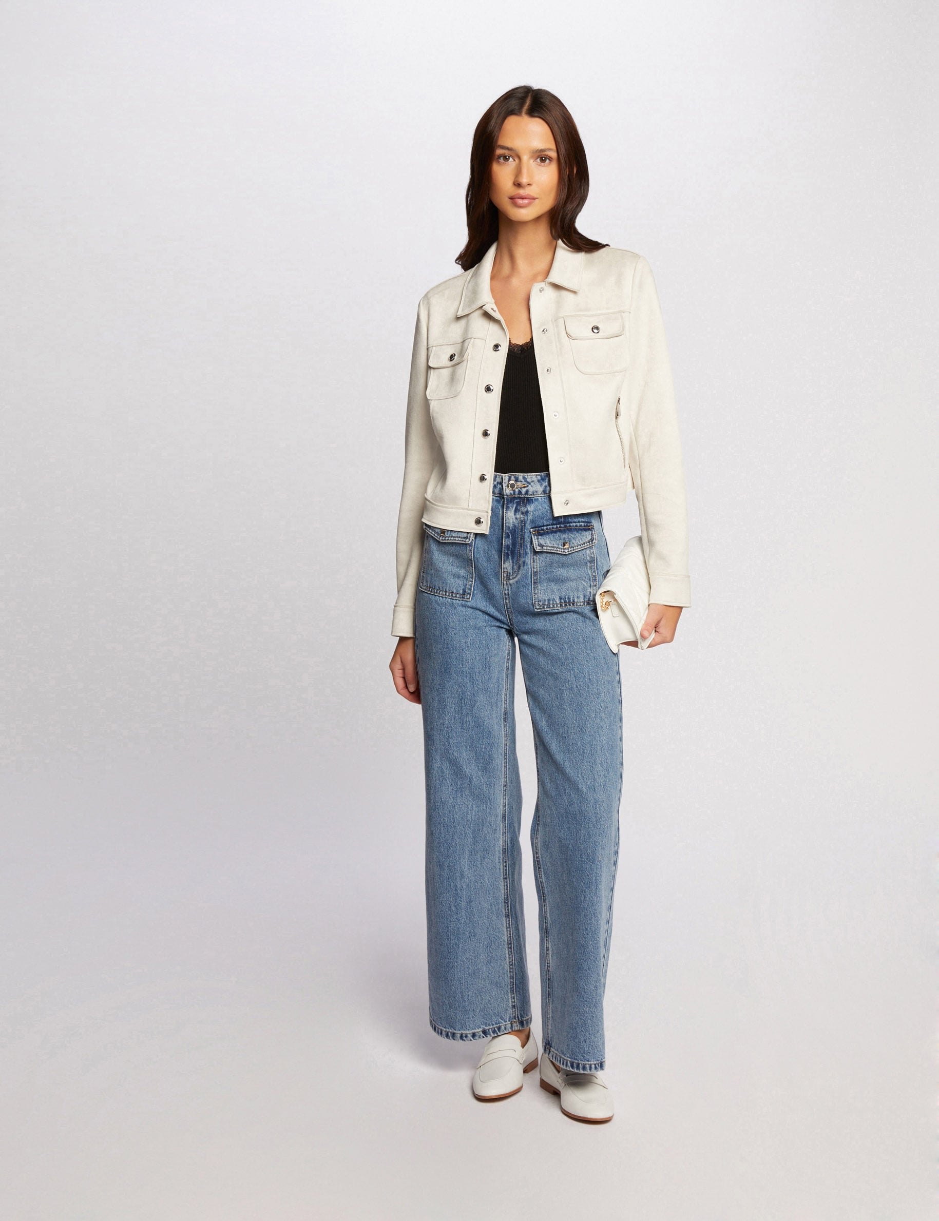 Blouson su&eacute;dine boutonn&eacute; ecru femme