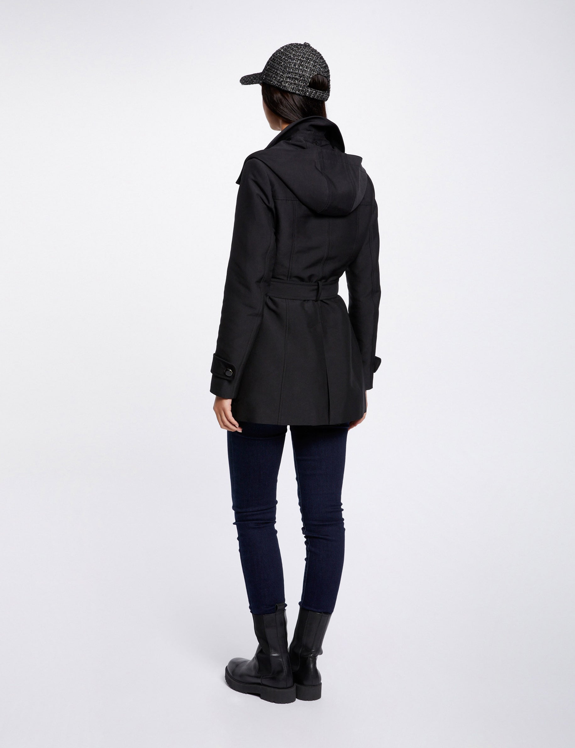 Trench cintr&eacute; ceintur&eacute; &agrave; capuche noir femme