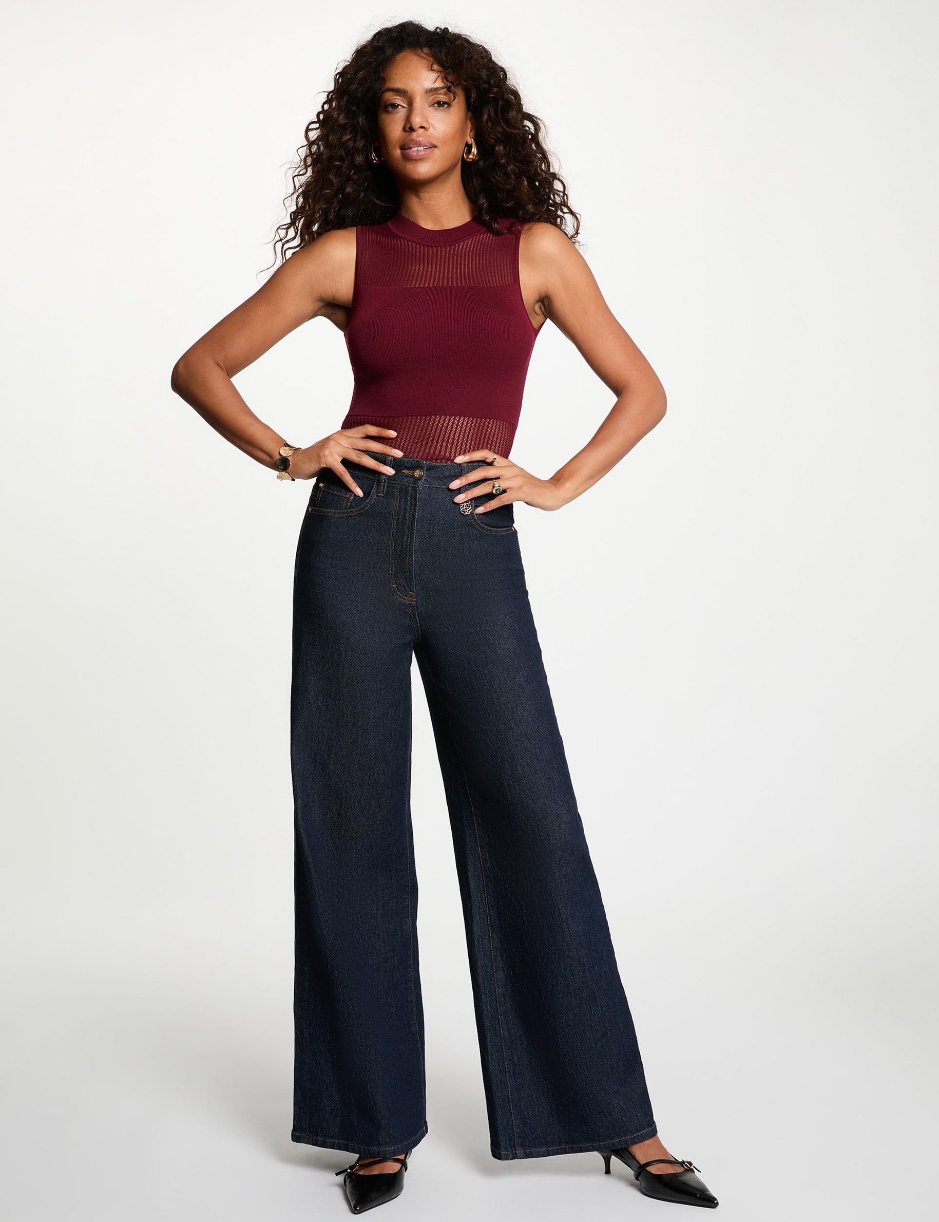 Top maille sans manches bordeaux femme