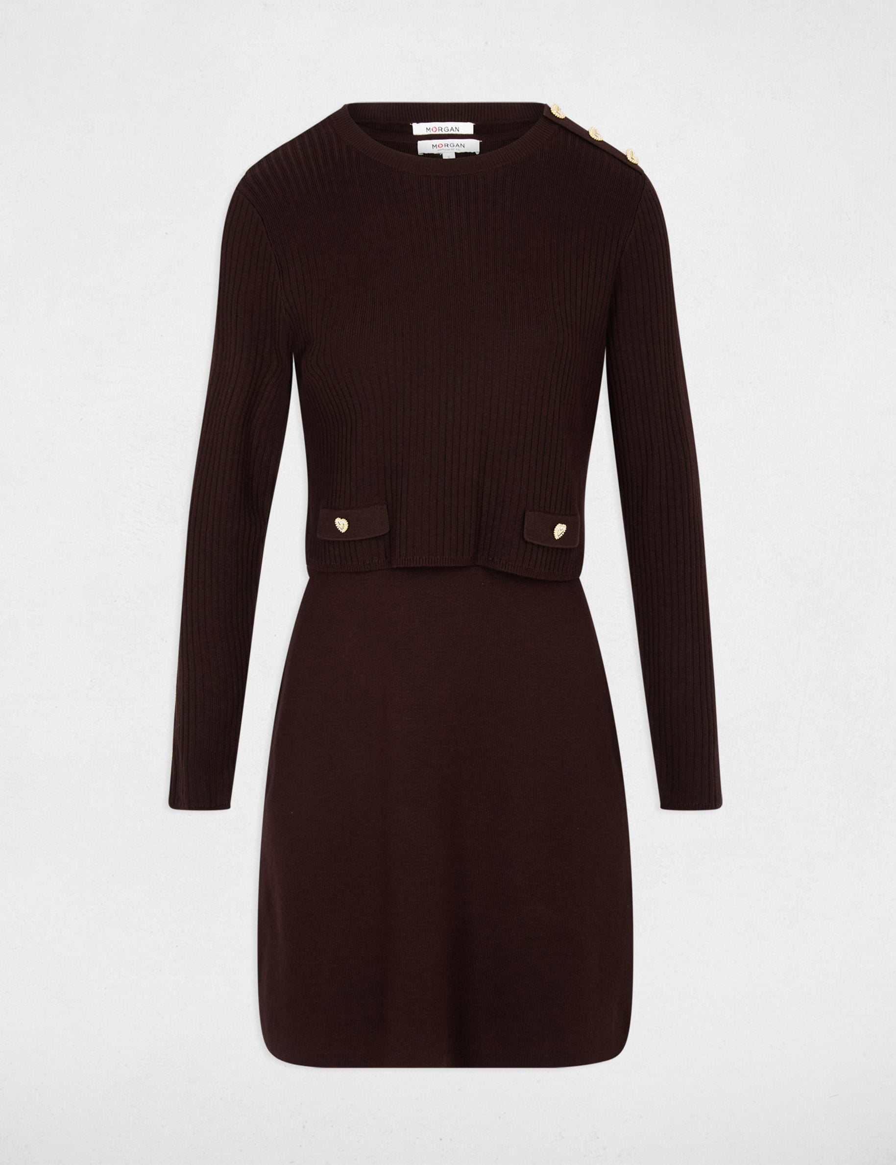 Robe tricot courte effet 2-en-1 marron fonc&eacute; femme