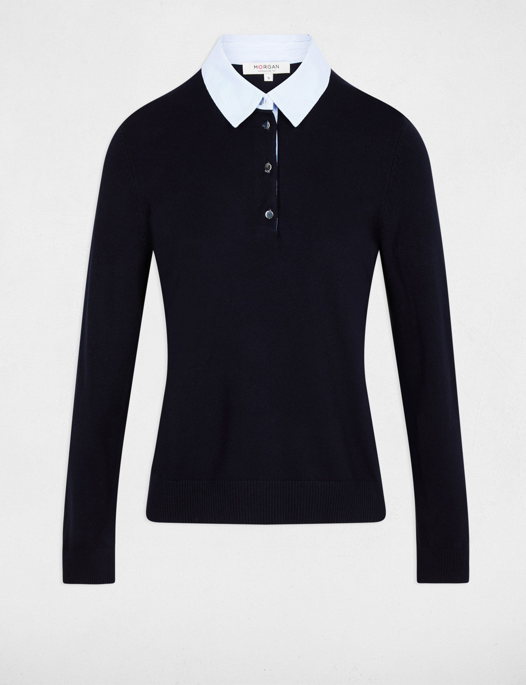 Pull col chemise bleu marine femme