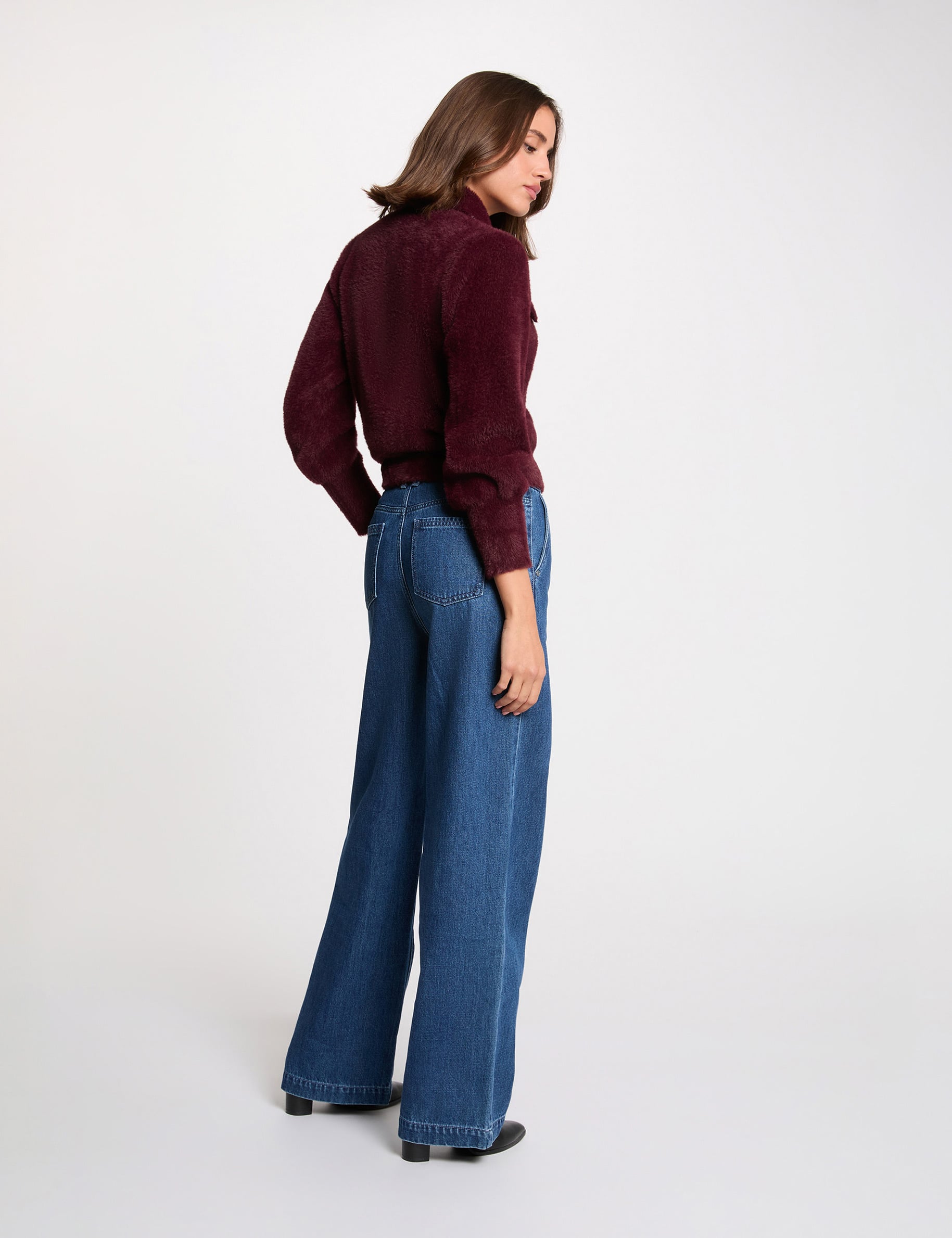 Gilet manches longues col &agrave; revers prune femme