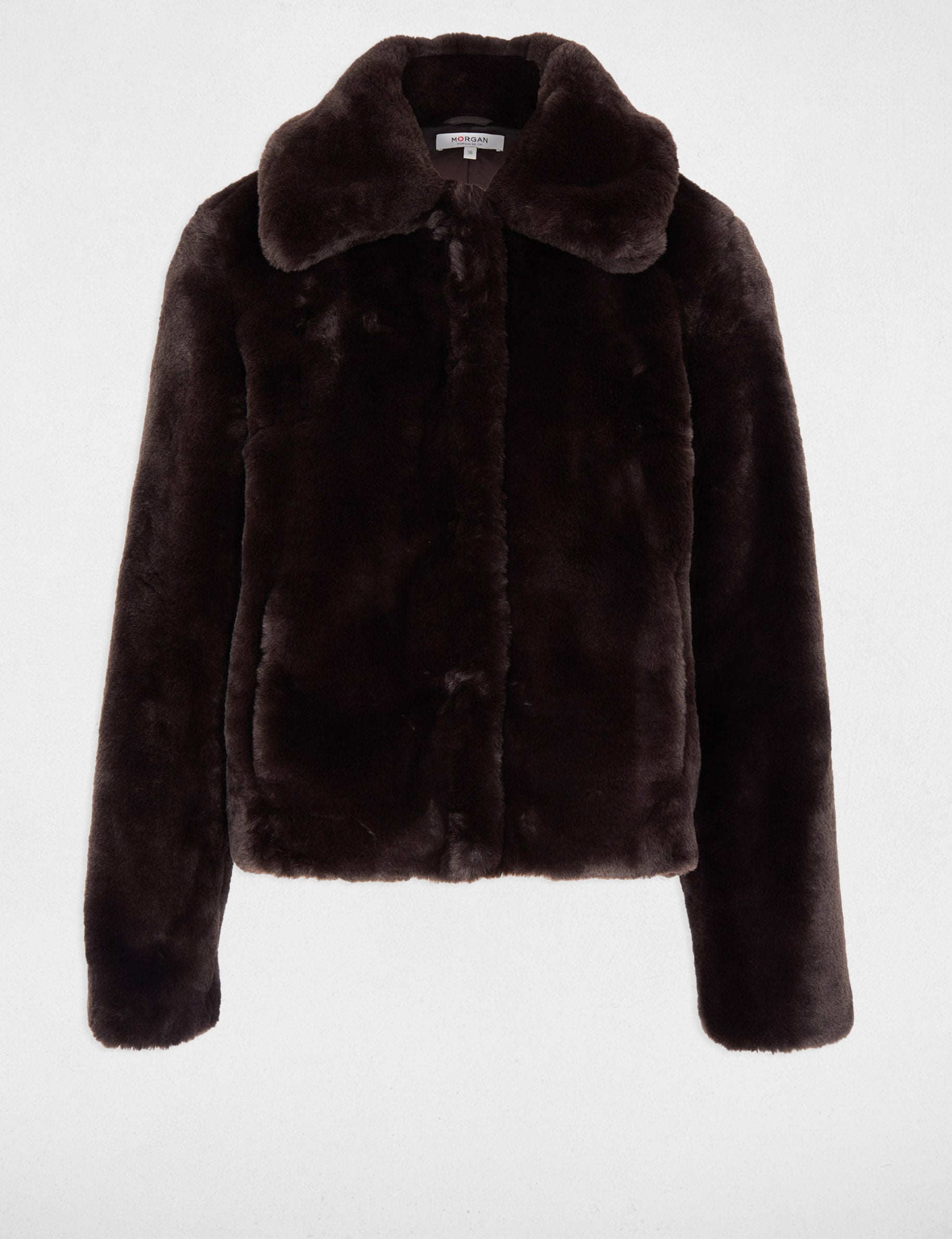 Veste courte fausse fourrure marron fonc&eacute; femme