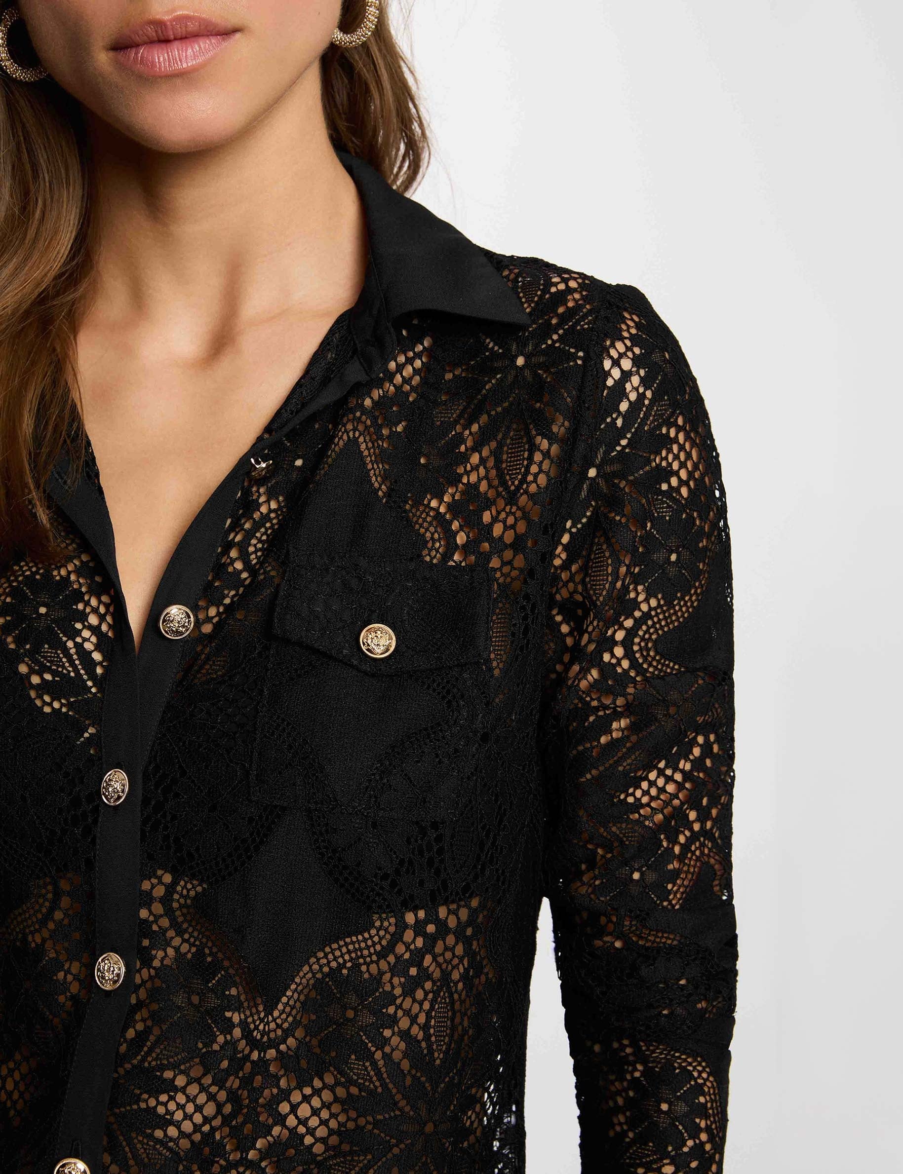 Chemise dentelle col &agrave; revers noir femme
